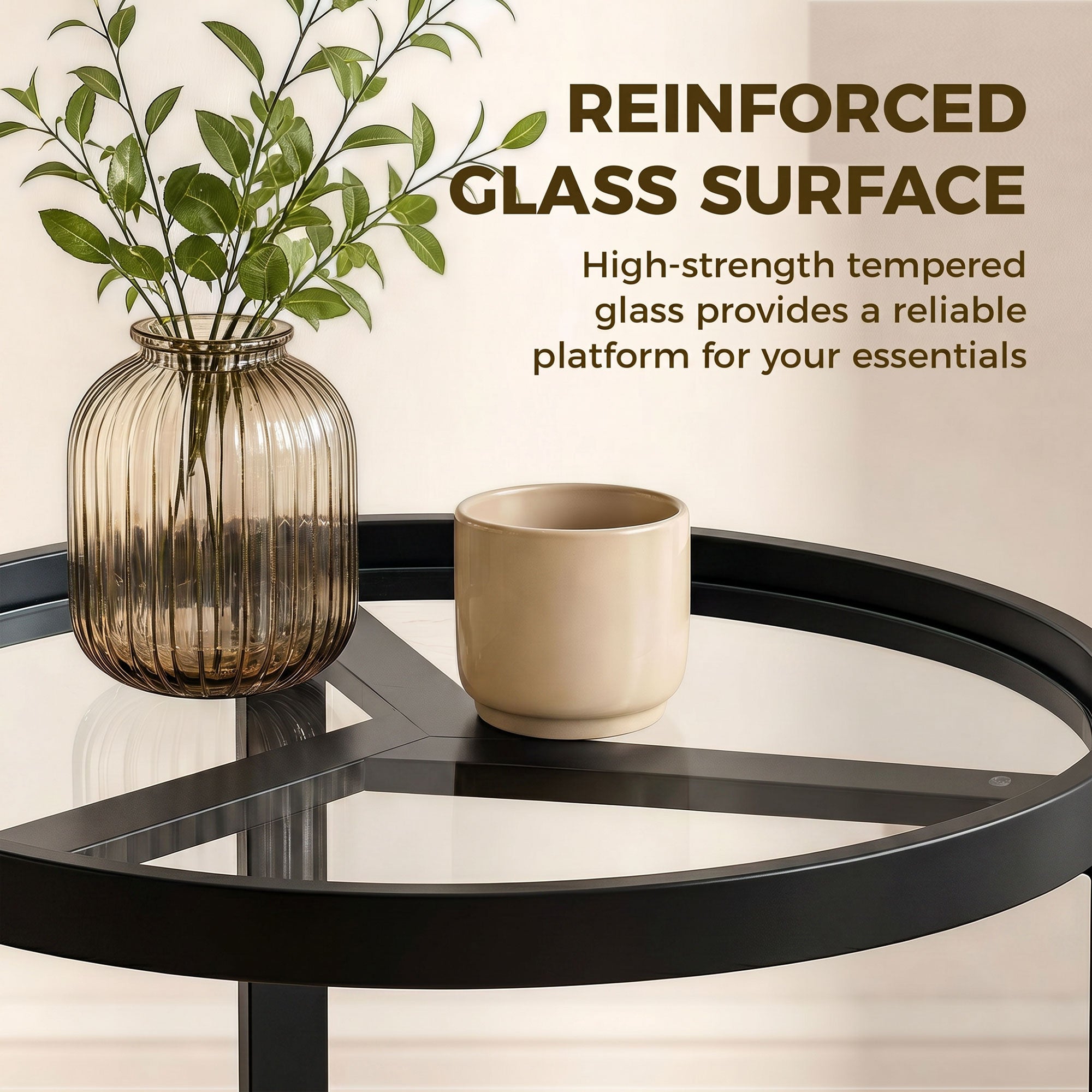 Round Glass Side Table with Geometric Metal Frame, Modern Accent Table for Small Spaces, Living Room & Bedroom, Black
