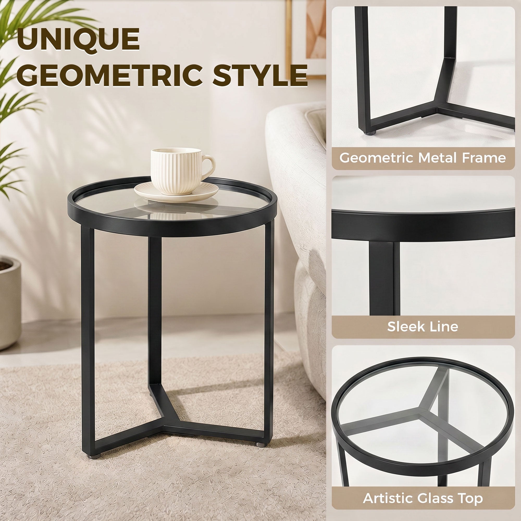 Round Glass Side Table with Geometric Metal Frame, Modern Accent Table for Small Spaces, Living Room & Bedroom, Black