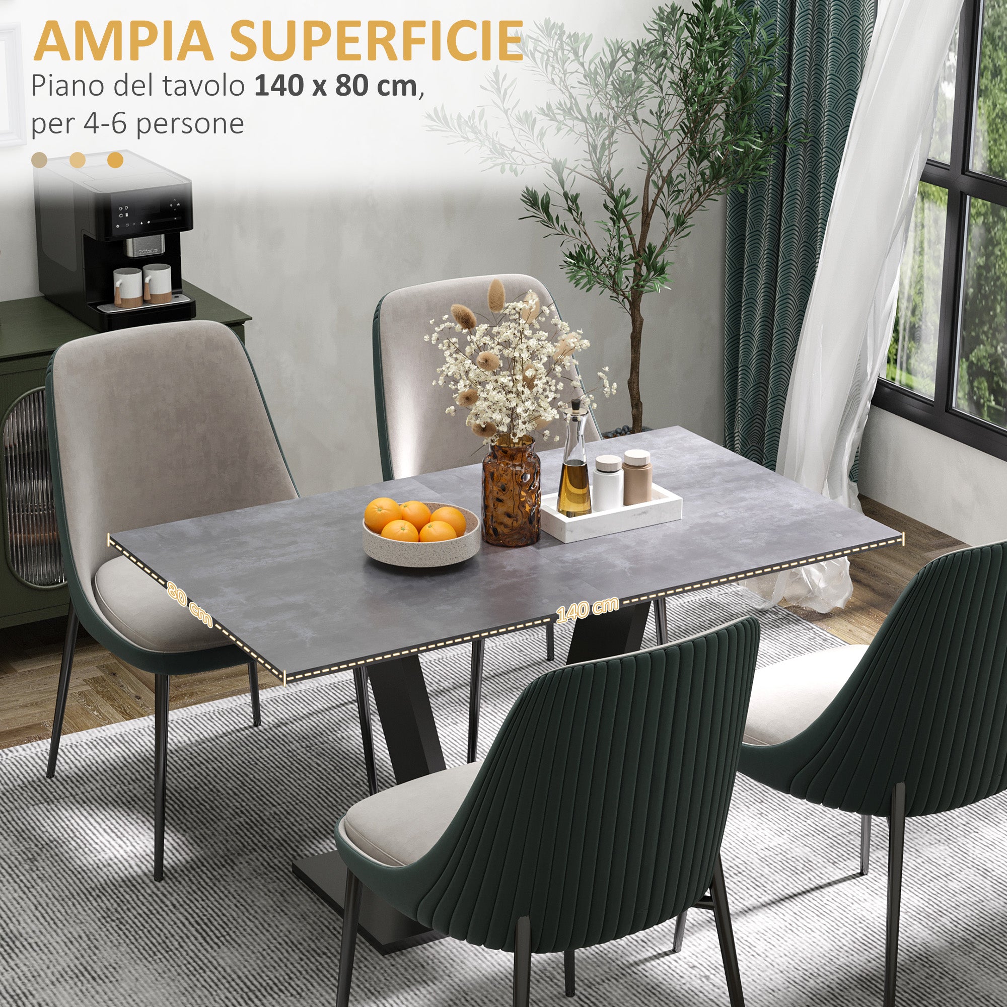 Dining Table for 4-6 people, Living Room Table with Marble Effect Top, 140x80x76 cm