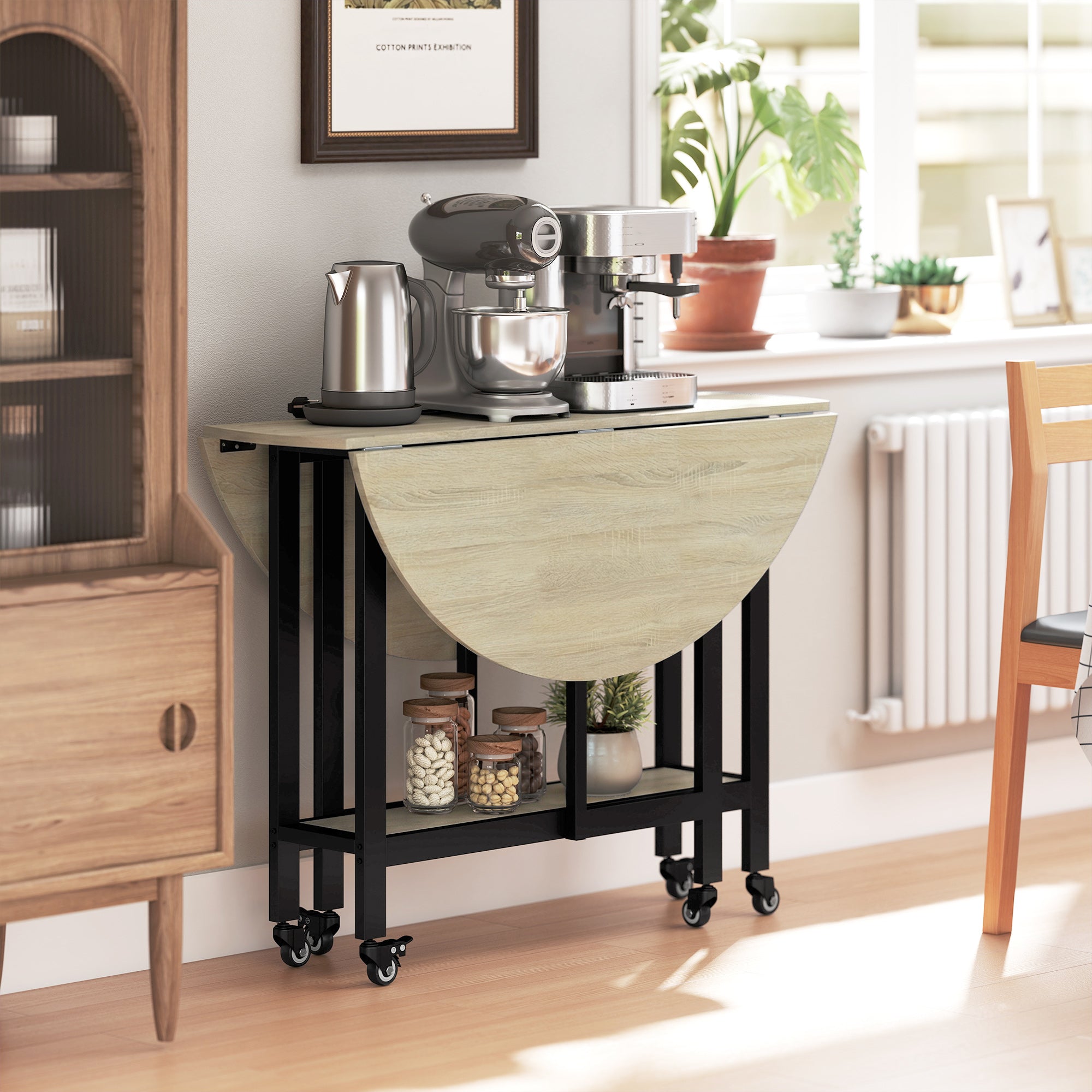 Foldable Dining Table with Shelf and Wheels, Round Space‑Saving Table for 2–4 People, Natural Wood Finish, 39.4" x 39.4" x 29.5"