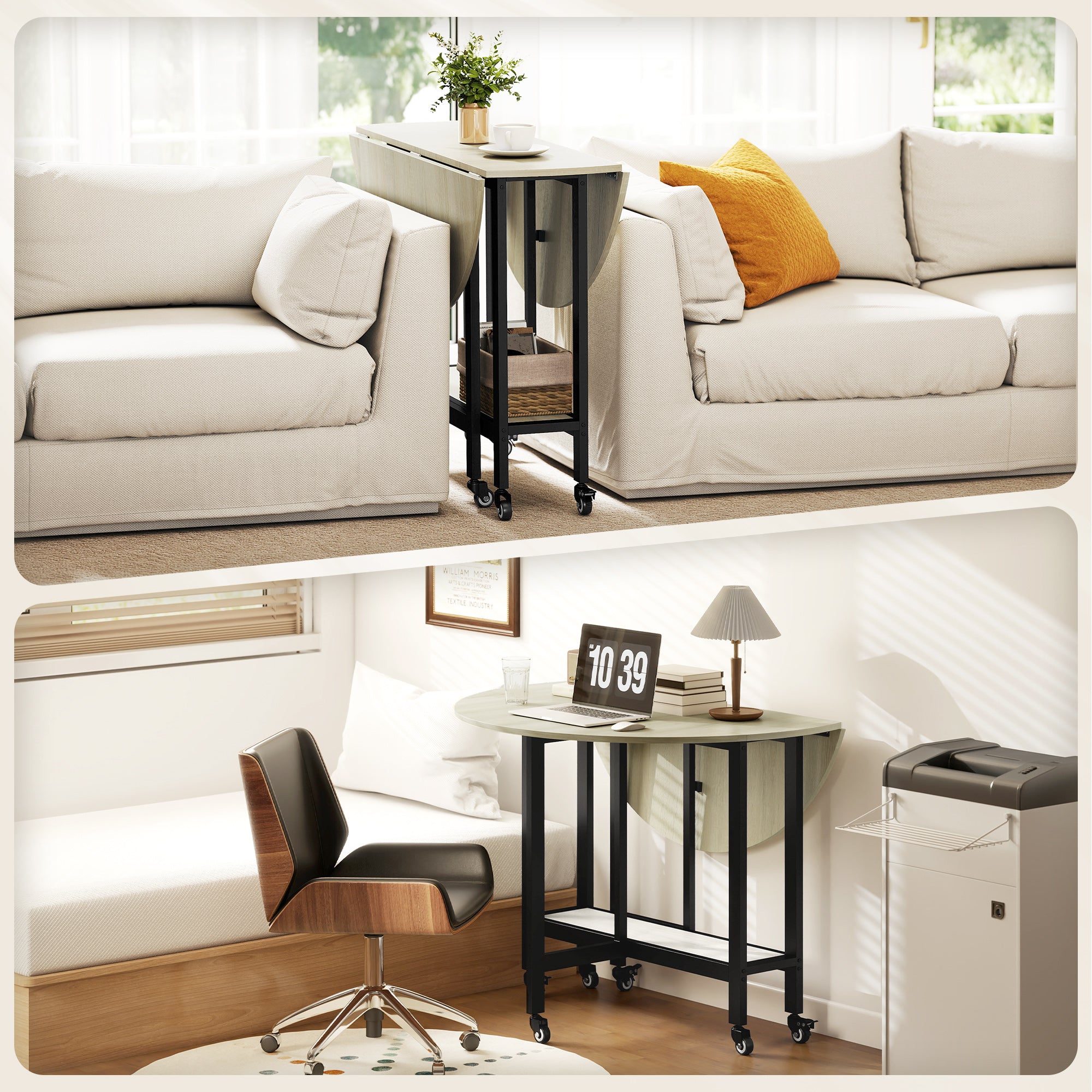 Foldable Dining Table with Shelf and Wheels, Round Space‑Saving Table for 2–4 People, Natural Wood Finish, 39.4" x 39.4" x 29.5"