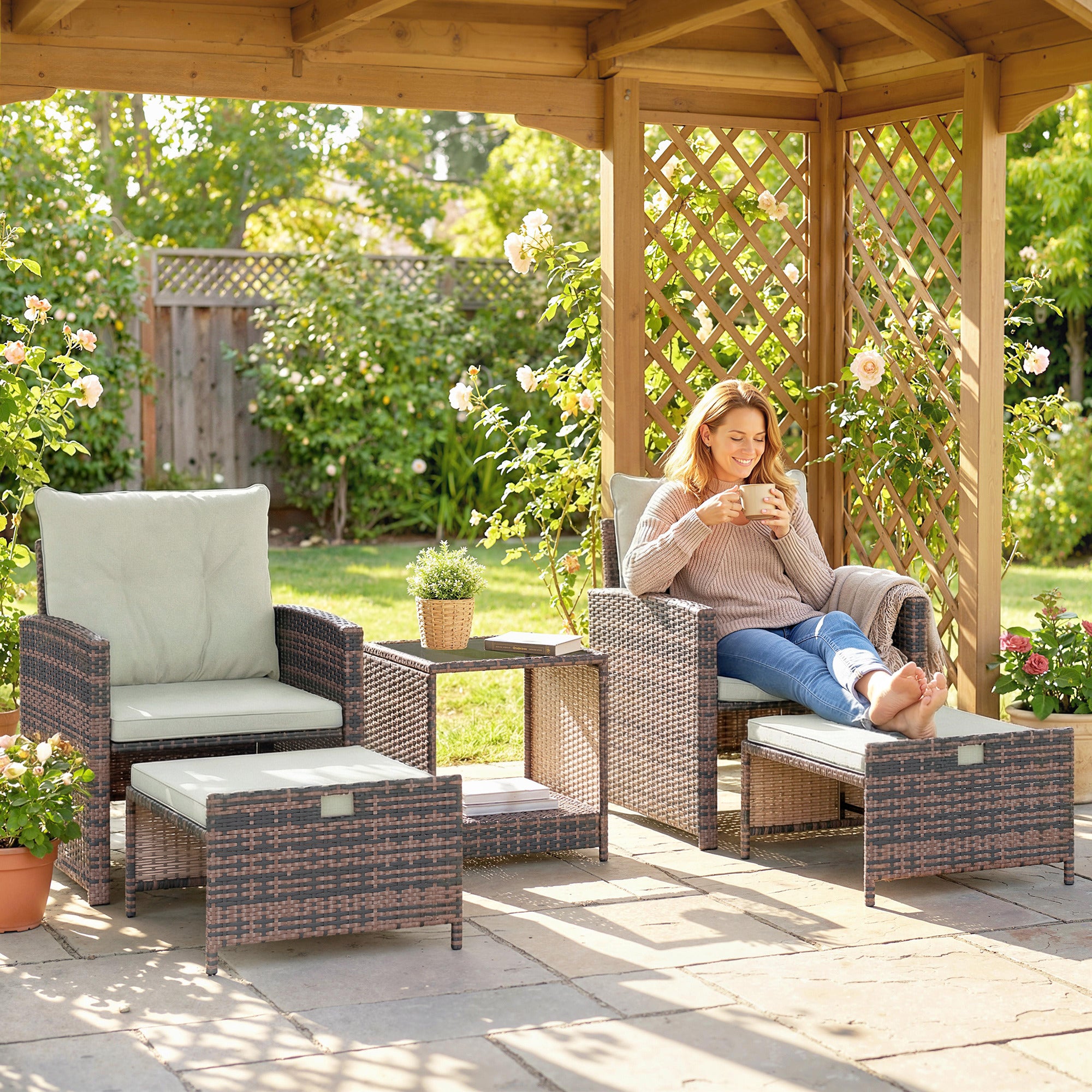 5-Piece Rattan Patio Set — 2 Space-Saving Footstools, 2 Armchairs, 2-Tier Coffee Table with Cushions — Brown/Cream