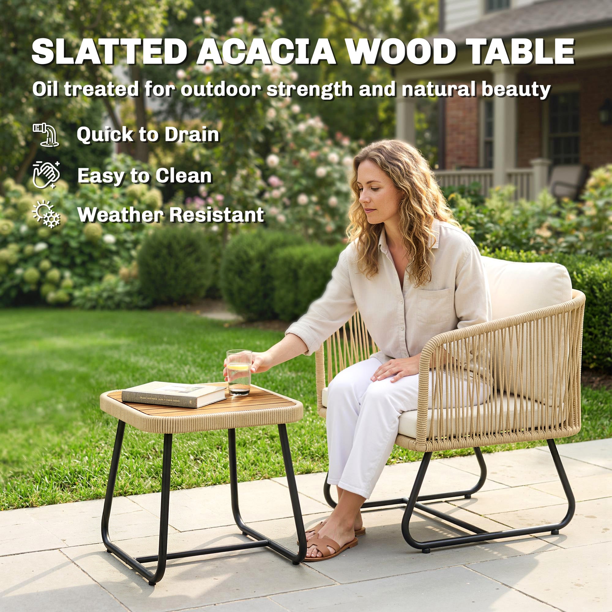 3-Piece Rattan Bistro Set with Acacia Slatted Table & 2 Padded Chairs, Cream White