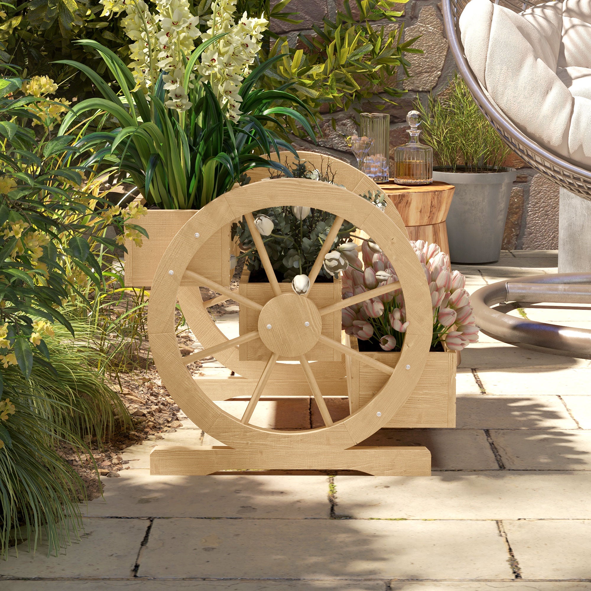 Square Raised Garden Bed Planter 3 Tiers Rustic Chic Style with 2 Wagon Wheels Fir Wood, drainage holes, dim. 62L x 61W x 57H cm