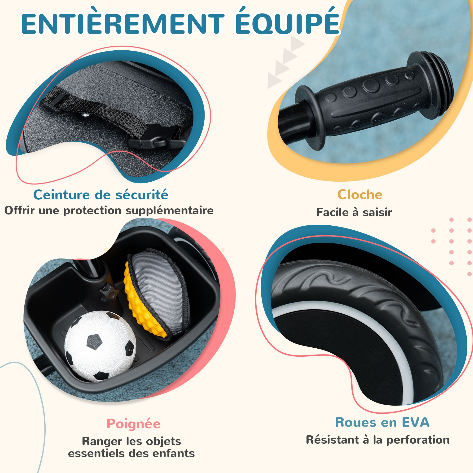 Convertible Tricycle for Children with Adjustable Seat - Pedals - 2 Baskets - Safety Belt - for Children aged 2 to 5 years old - Black