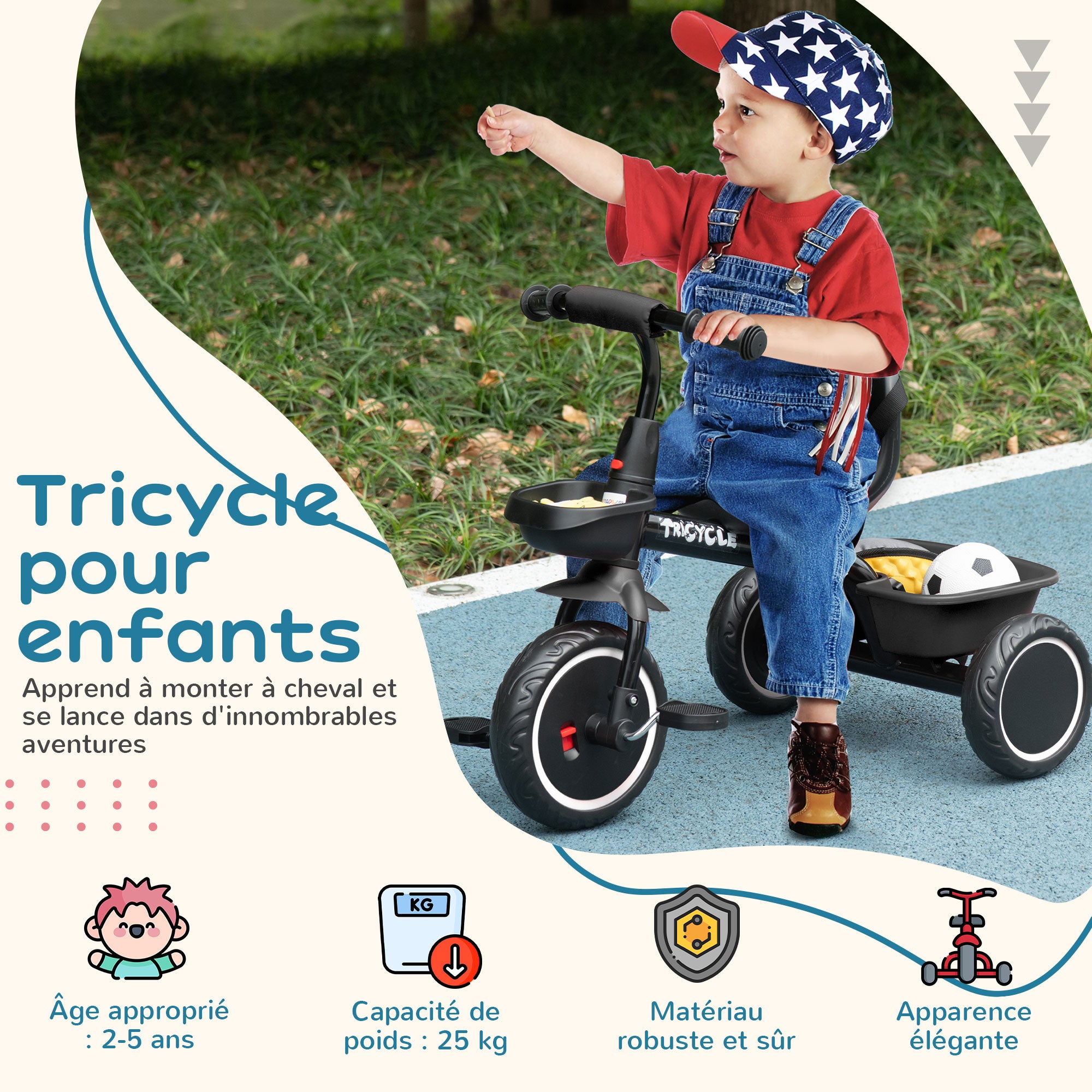 Convertible Tricycle for Children with Adjustable Seat - Pedals - 2 Baskets - Safety Belt - for Children aged 2 to 5 years old - Black