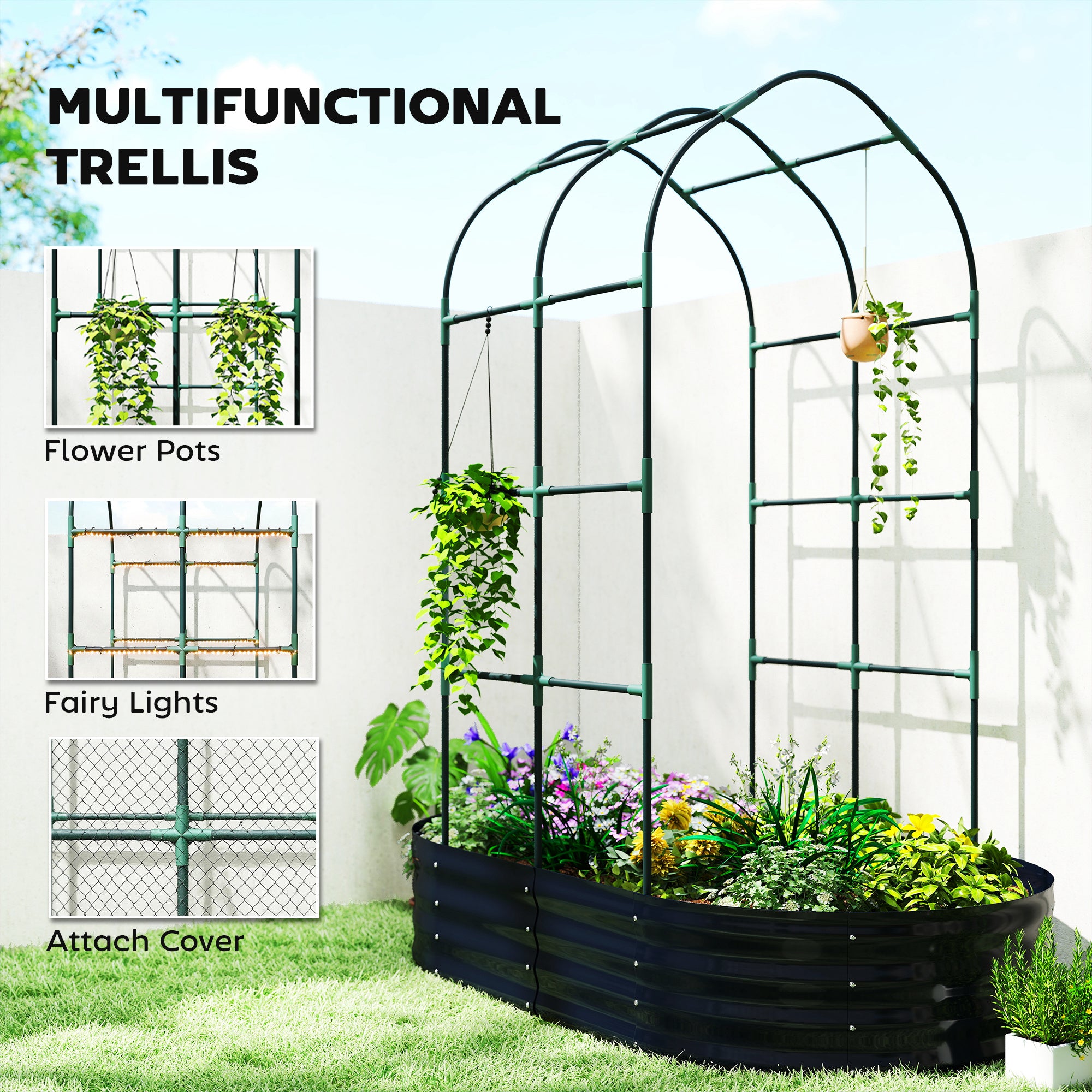 Raised Bed with Trellis, Metal Planter with Gloves — Garden Bed, Low Greenhouse, Herb Bed with Trellis for Climbing Vegetables & Flowers, 160 x 90 x 180 cm (63 x 35 x 71 in), Dark Gray