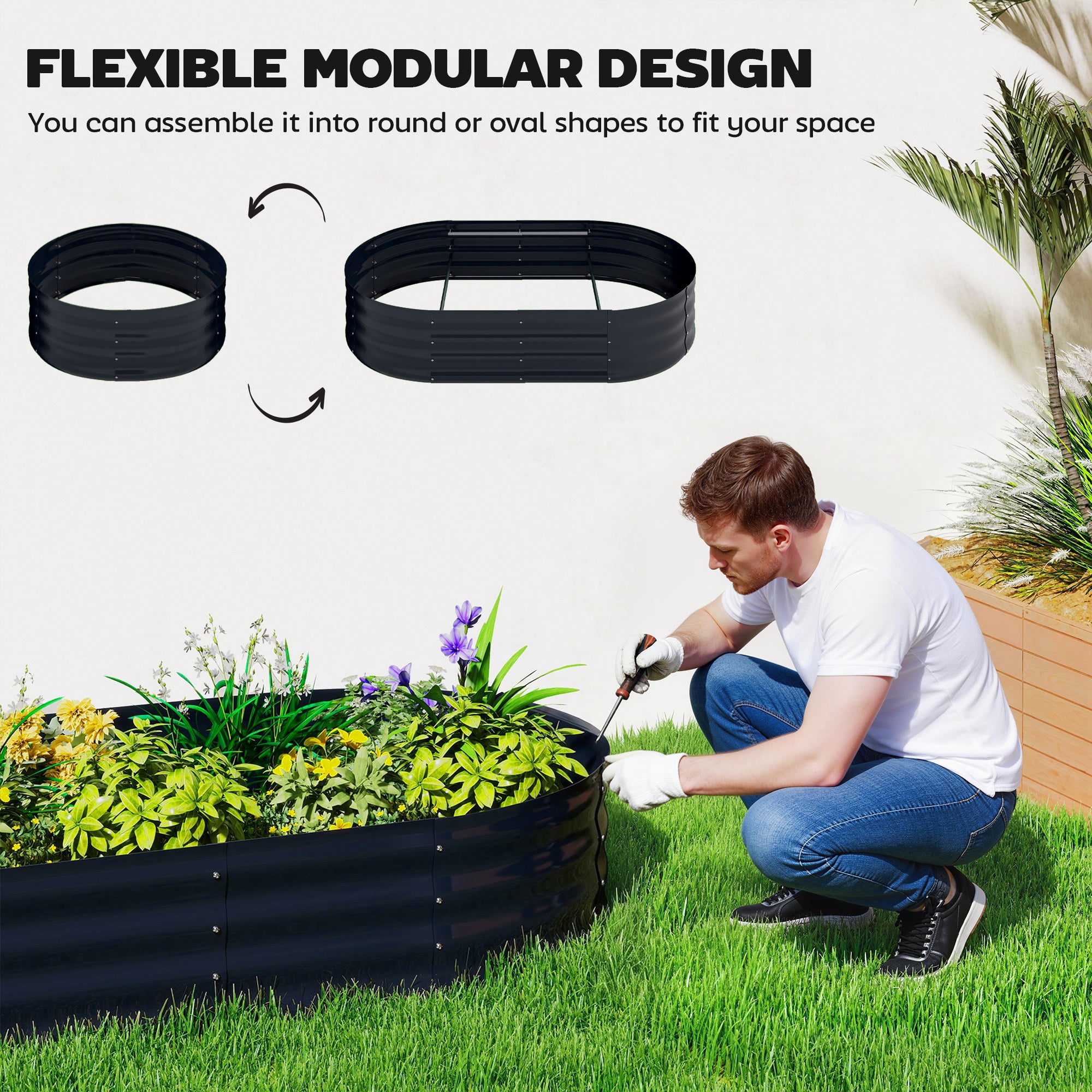 Raised Bed with Trellis, Metal Planter with Gloves — Garden Bed, Low Greenhouse, Herb Bed with Trellis for Climbing Vegetables & Flowers, 160 x 90 x 180 cm (63 x 35 x 71 in), Dark Gray