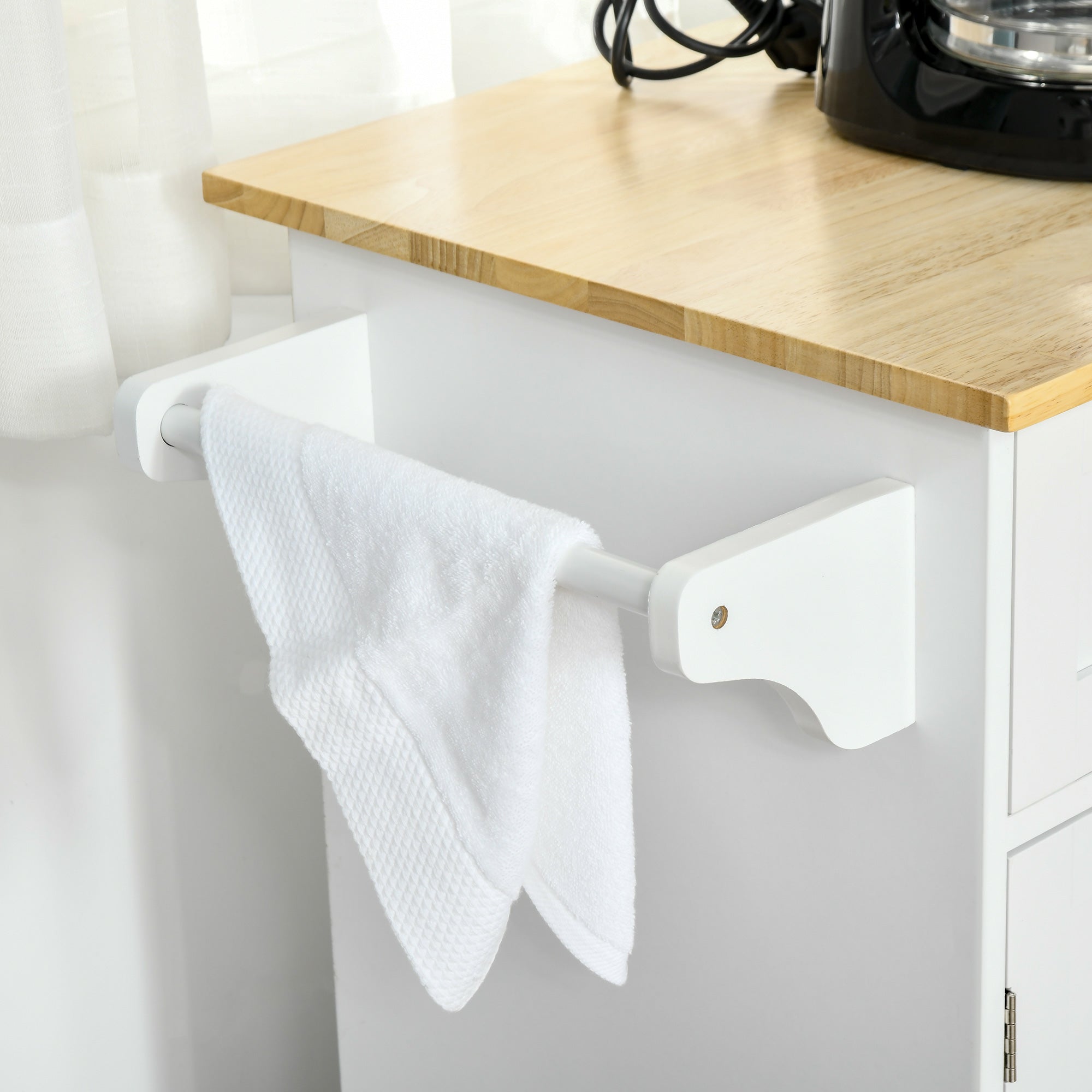 Kitchen Island with Wheels Kitchen Cart Kitchen Sideboard with 2 Drawers 3 Doors and Side Bar for Dining 121x46x91 cm Oak and White