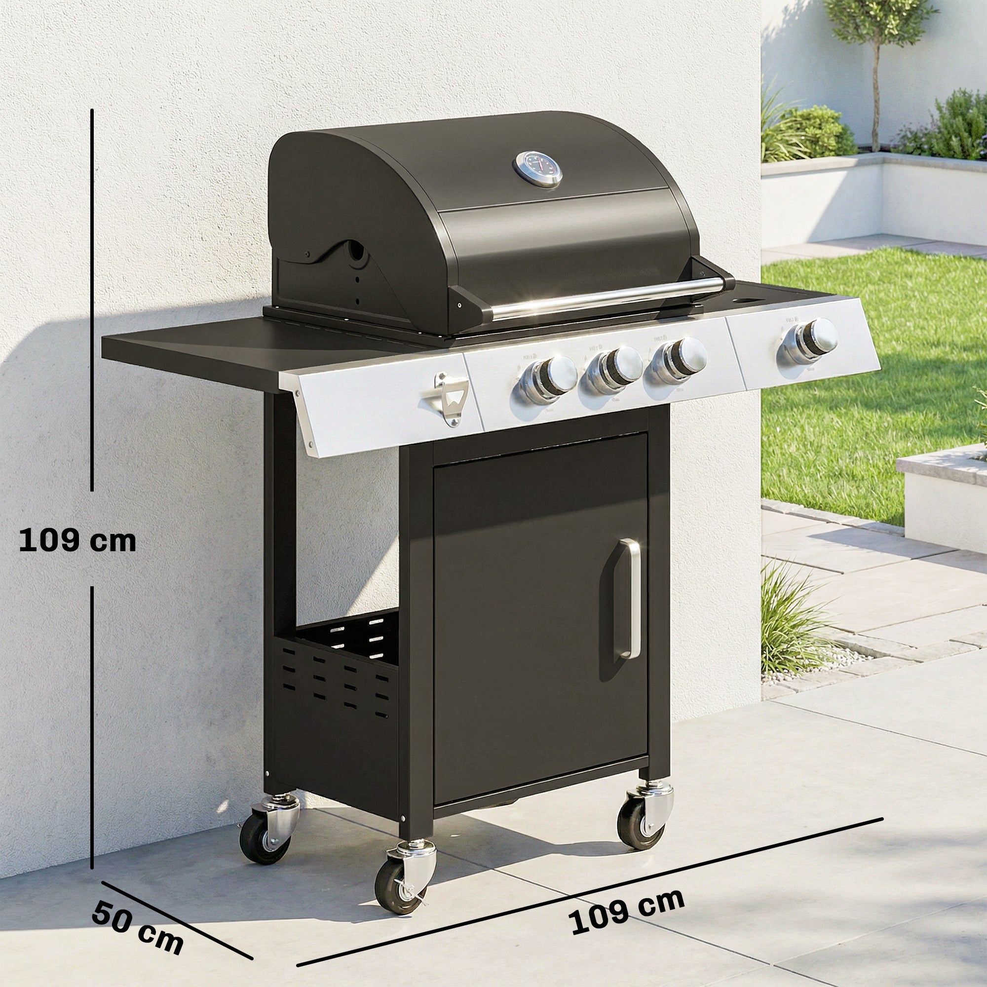 10.5 kW 3+1-Burner Propane Gas Grill Cart, Stainless Steel — Side Burner, Bottle Opener, Thermometer, Cast-Iron Grates, Warming Rack, Wheels, Side Shelves & Cabinet — Ideal for Balcony & Parties