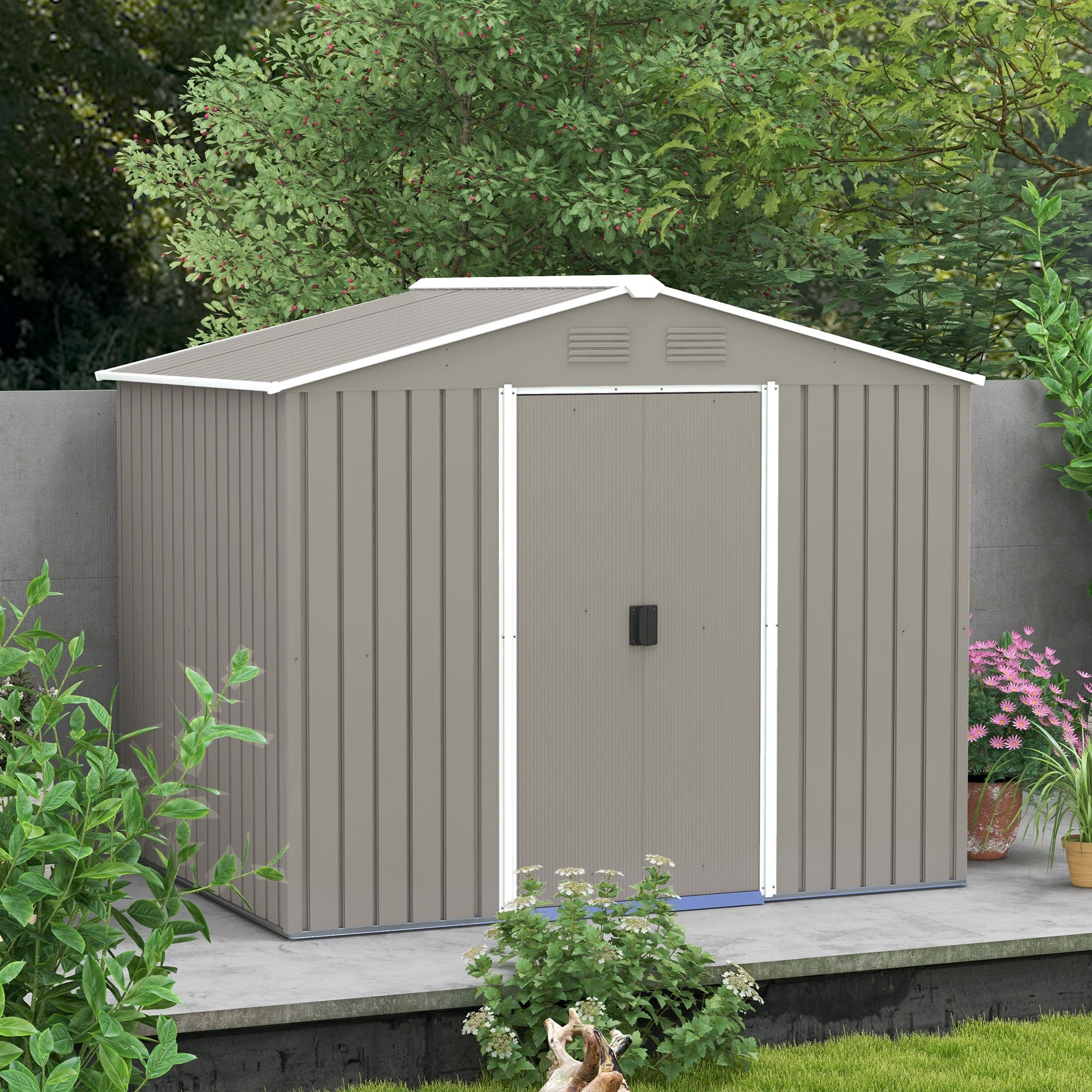 Garden Shed Outdoor 3.6 m² 236x174x190 cm Outdoor Garden Shed with 2 Sliding Doors Sloping Roof and 4 Windows for Patio Terrace Light Gray