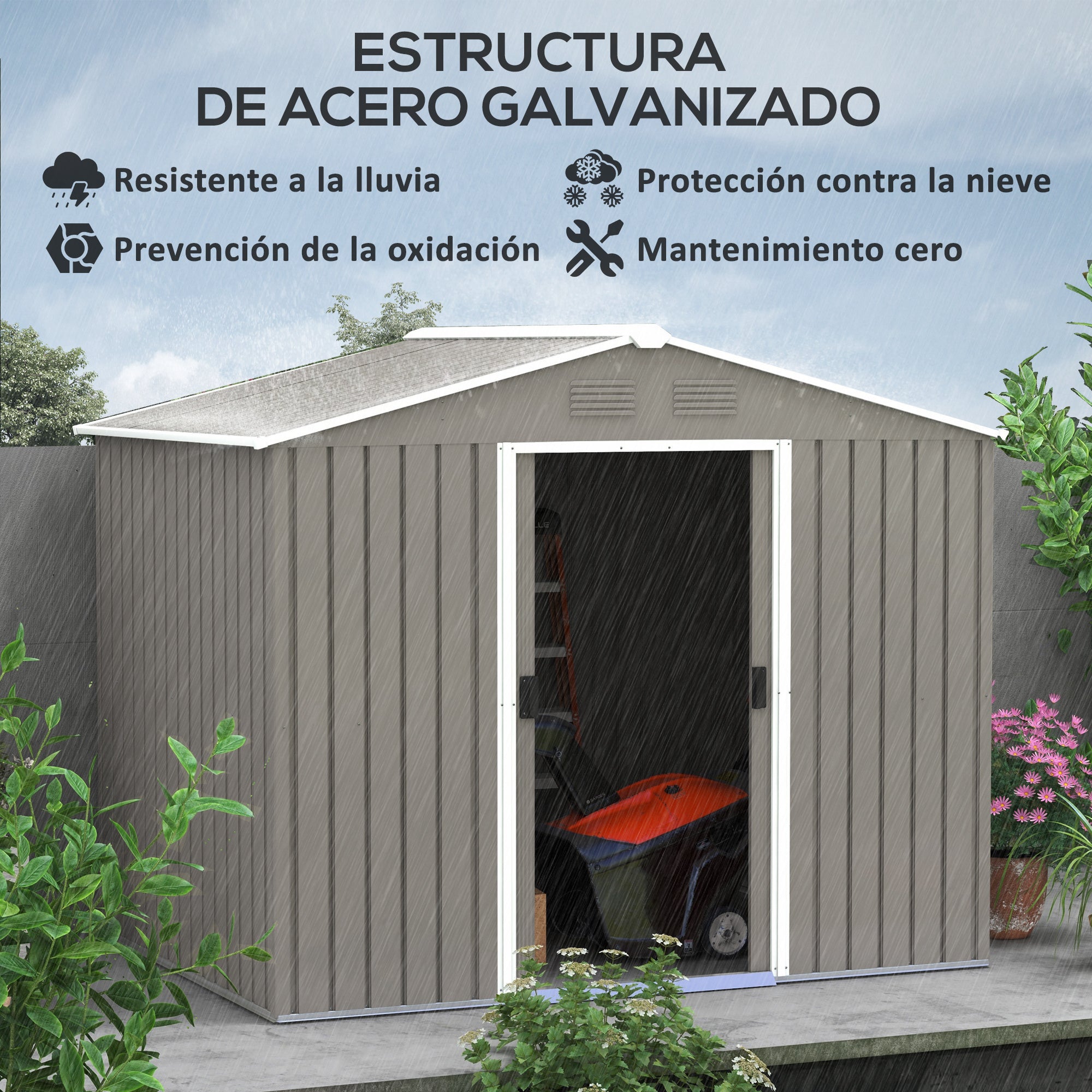 Garden Shed Outdoor 3.6 m² 236x174x190 cm Outdoor Garden Shed with 2 Sliding Doors Sloping Roof and 4 Windows for Patio Terrace Light Gray