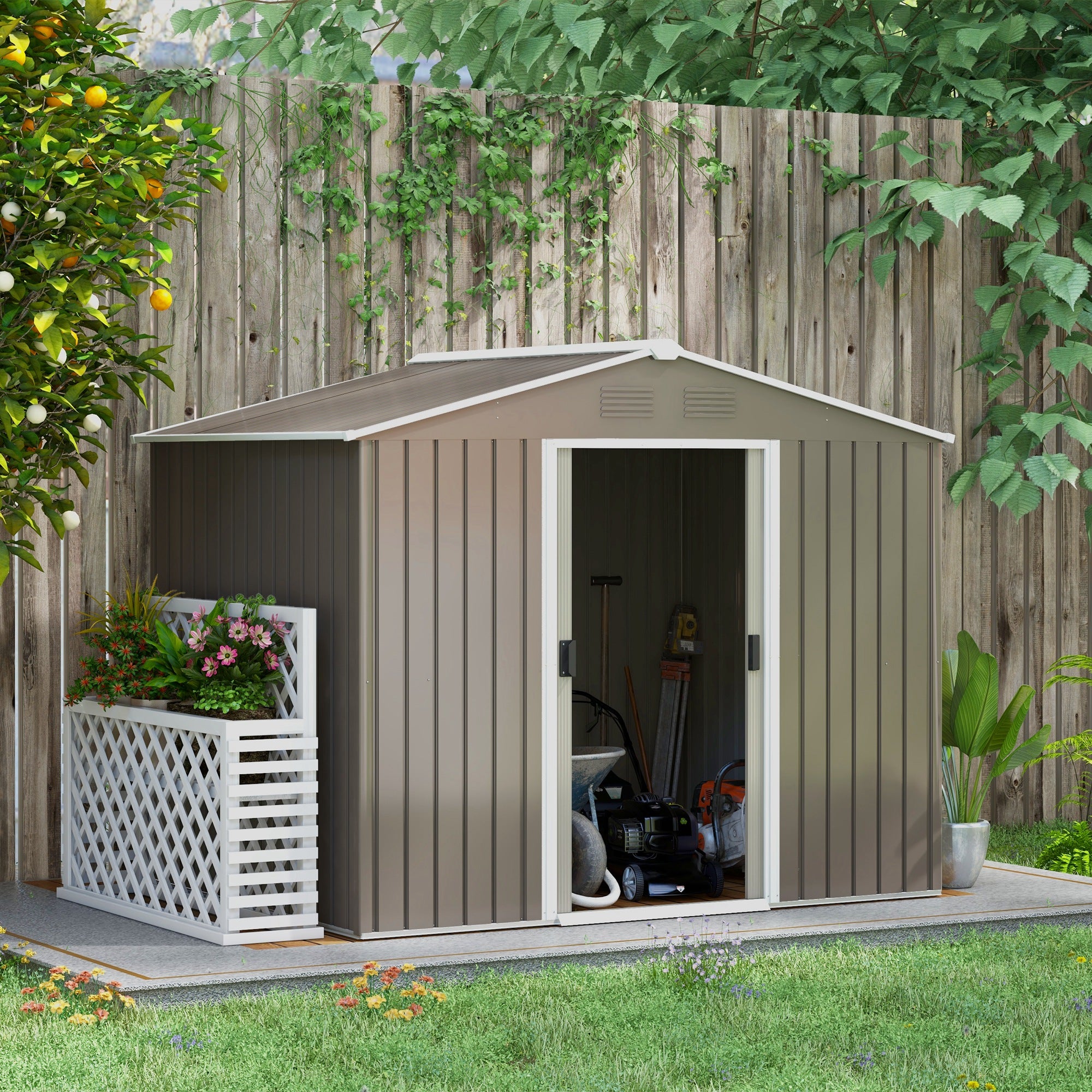 Garden Shed Outdoor 3.6 m² 236x174x190 cm Outdoor Garden Shed with 2 Sliding Doors Sloping Roof and 4 Windows for Patio Terrace Light Gray