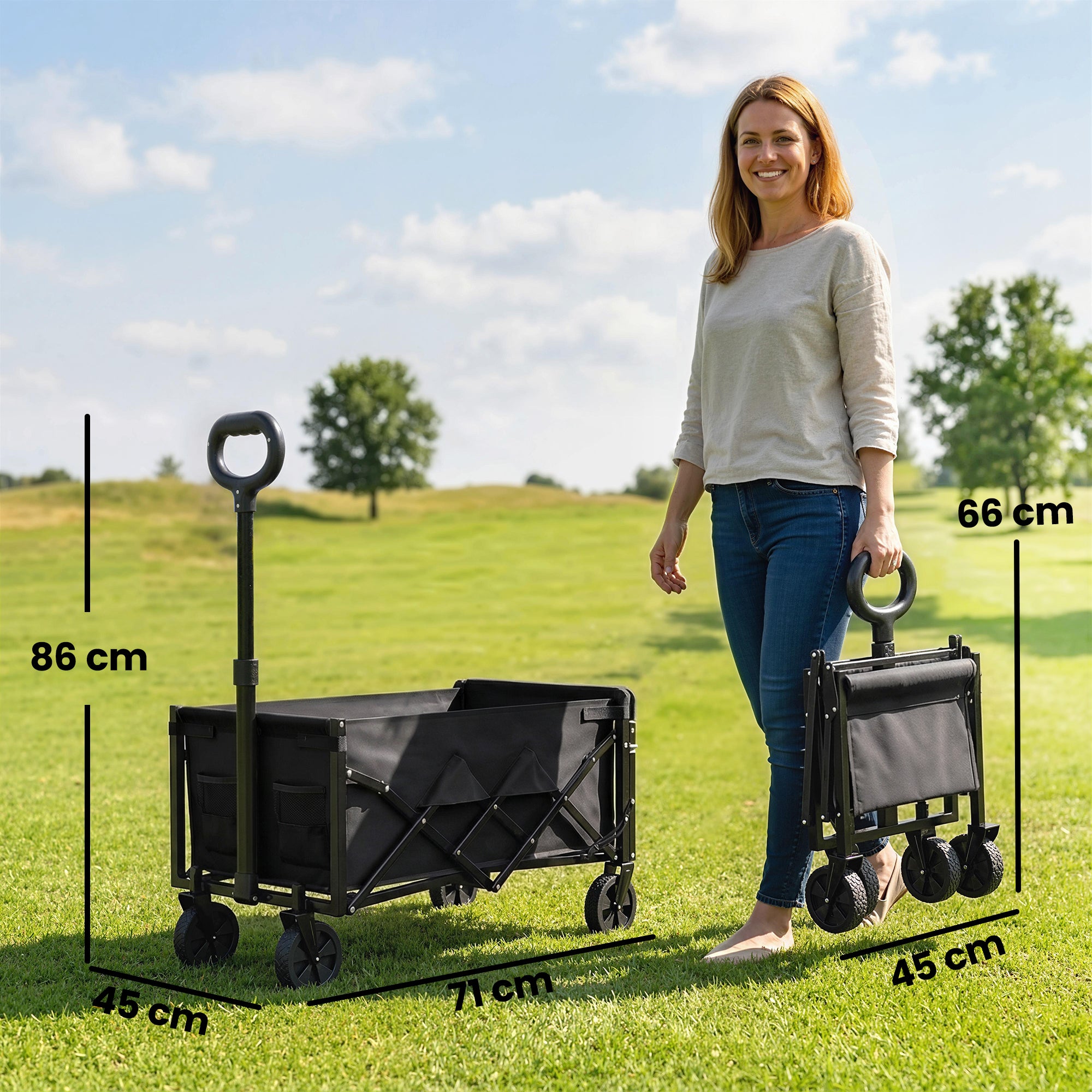 80L Foldable Wagon with Telescoping Handle, Tailgate & Cup Holders — Beach, Garden & Transport Cart, 330 lb Capacity, Black