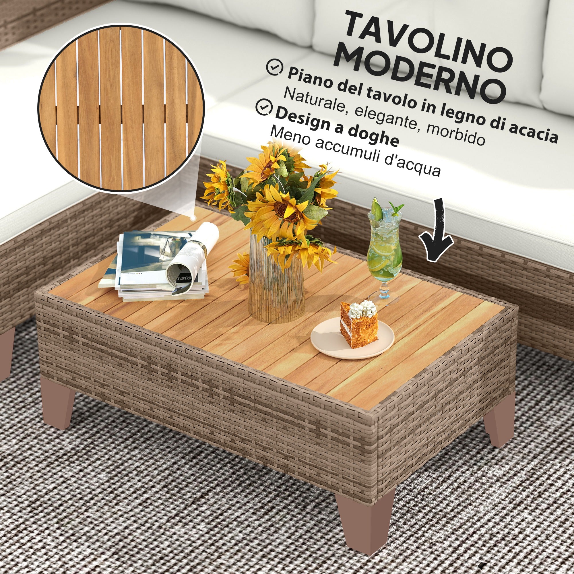 3-Piece Rattan Garden Furniture Set, Outdoor Lounge with 2-Seater Sofa, Chaise Longue, Glass Coffee Table and Washable Cushions, Steel Frame, Khaki/Cream