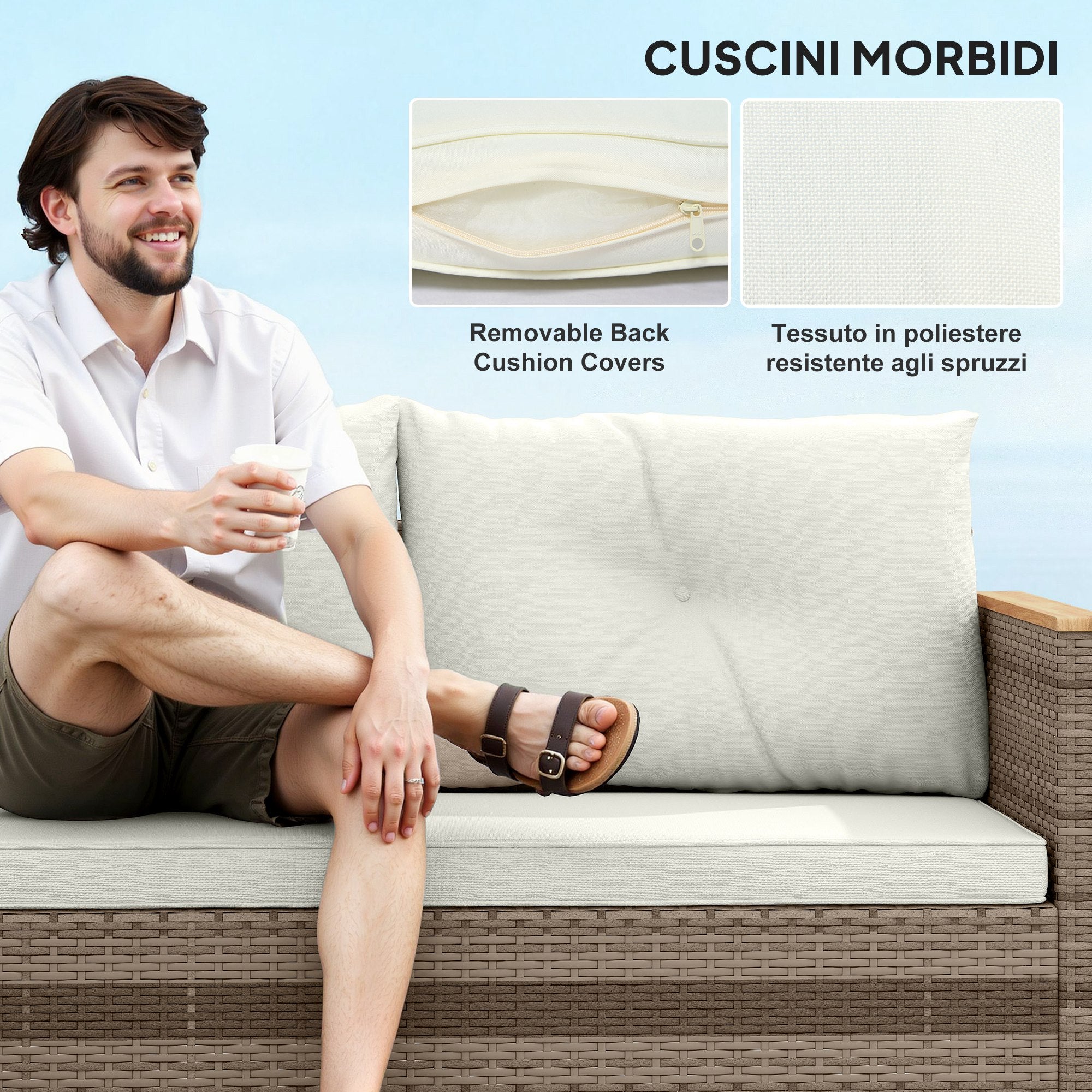 3-Piece Rattan Garden Furniture Set, Outdoor Lounge with 2-Seater Sofa, Chaise Longue, Glass Coffee Table and Washable Cushions, Steel Frame, Khaki/Cream