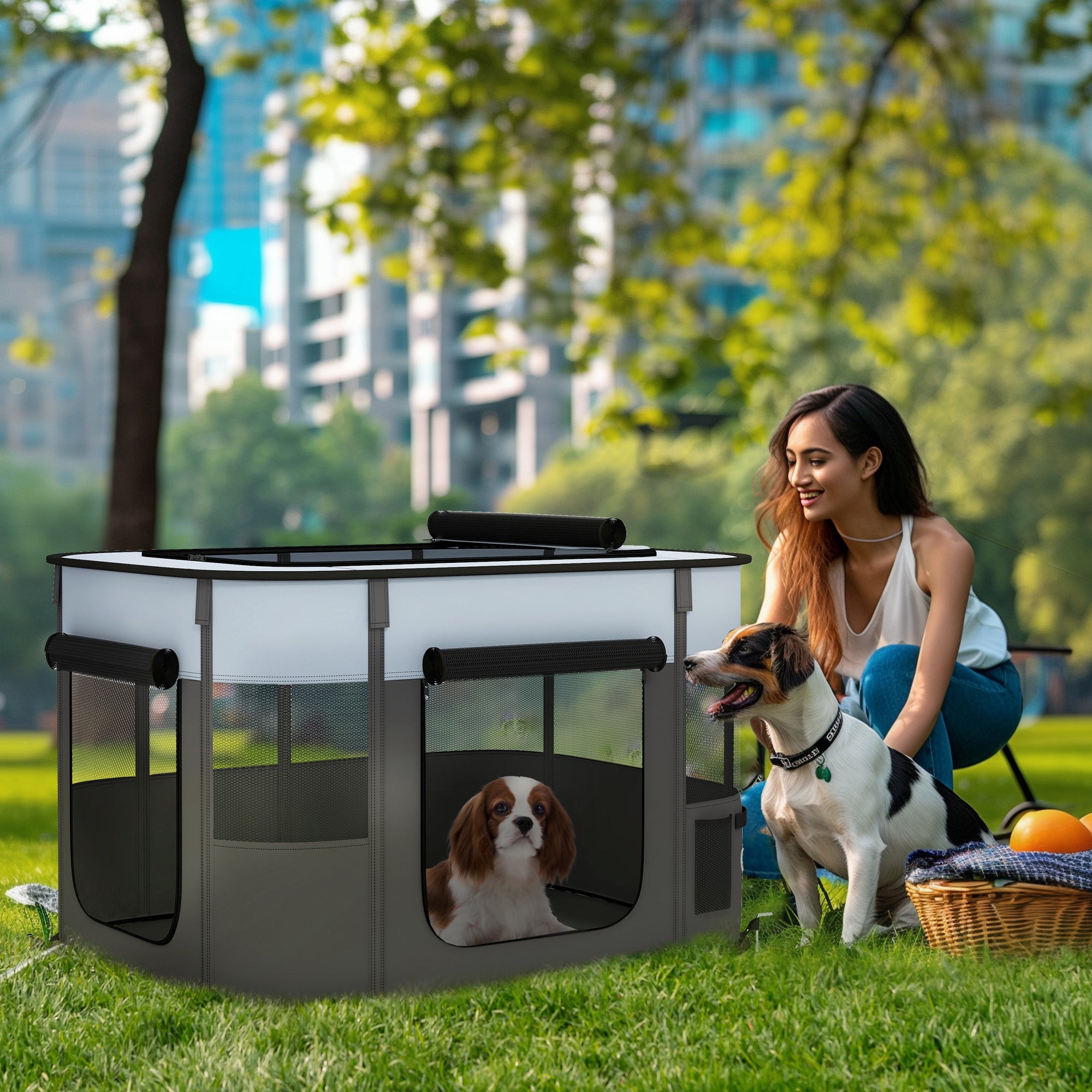 Puppy Playpen with Doors, Windows, Foldable Playpen, Breathable Mesh, for Small Dogs under 10 kg and Small Animals, Indoor and Outdoor, 94 x 74 x 60 cm, Gray