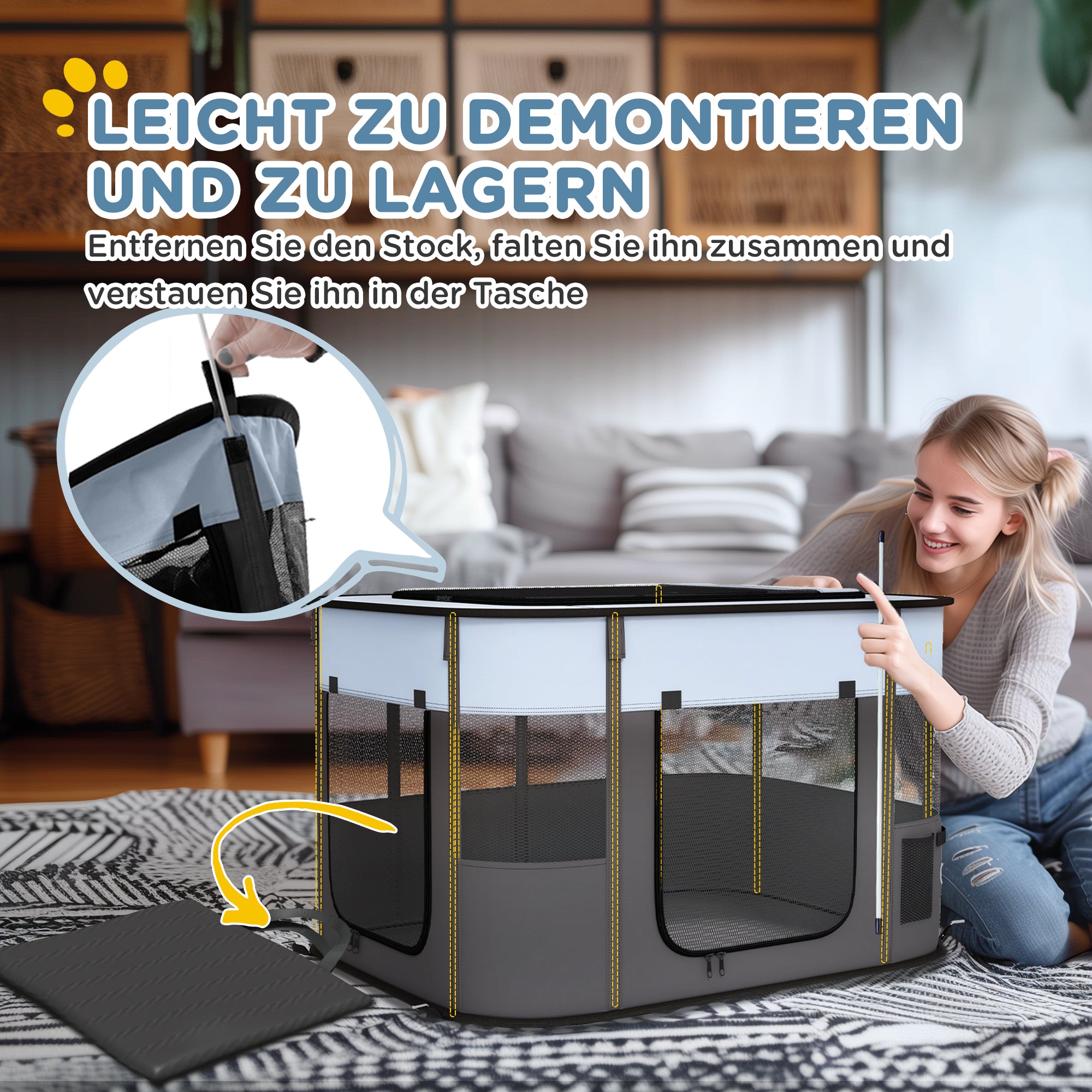 Puppy Playpen with Doors, Windows, Foldable Playpen, Breathable Mesh, for Small Dogs under 10 kg and Small Animals, Indoor and Outdoor, 94 x 74 x 60 cm, Gray