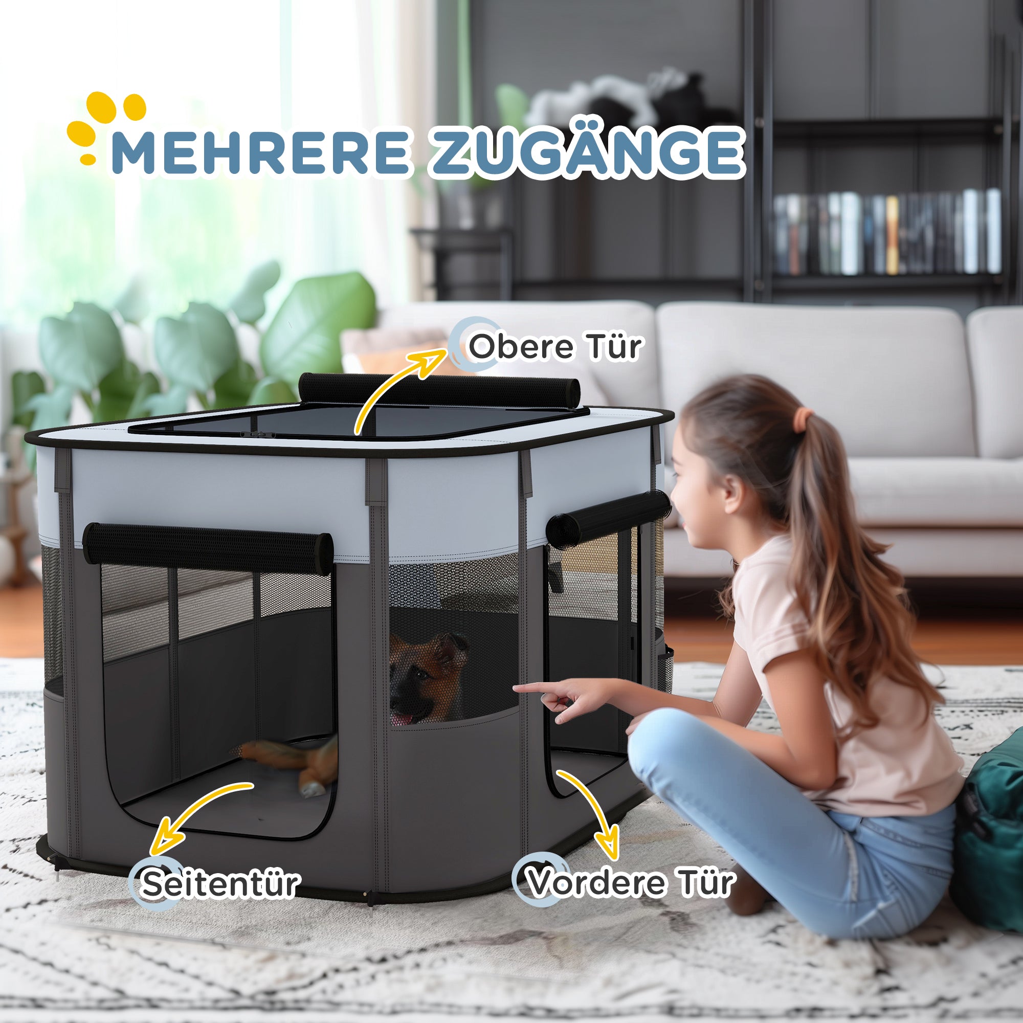 Puppy Playpen with Doors, Windows, Foldable Playpen, Breathable Mesh, for Small Dogs under 10 kg and Small Animals, Indoor and Outdoor, 94 x 74 x 60 cm, Gray