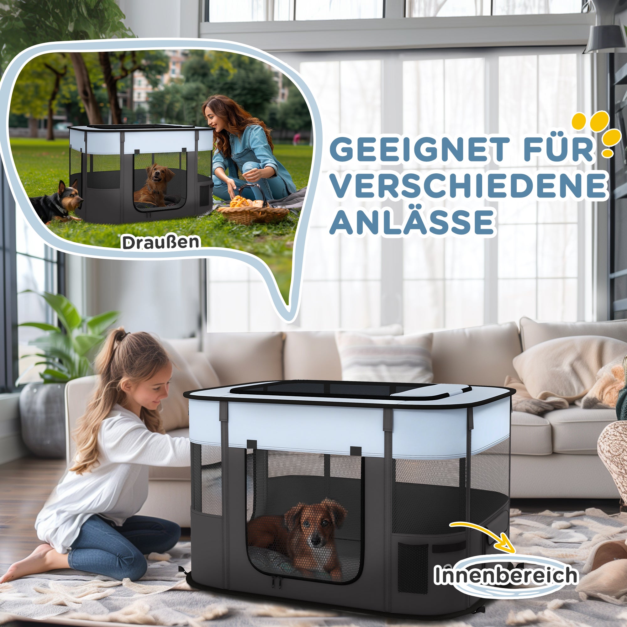 Puppy Playpen with Doors, Windows, Foldable Playpen, Breathable Mesh, for Small Dogs under 10 kg and Small Animals, Indoor and Outdoor, 94 x 74 x 60 cm, Gray