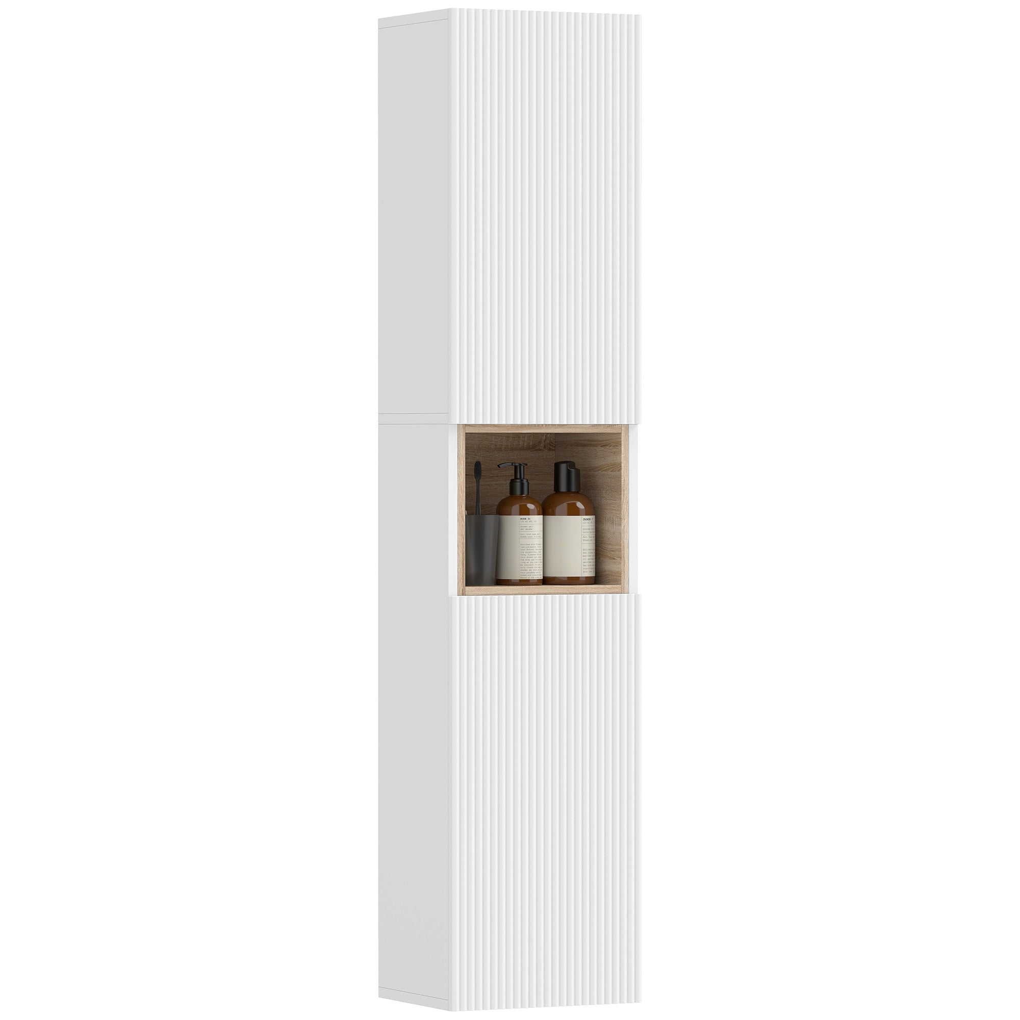 Narrow Tall Bathroom Cabinet — 2 Ribbed Soft-Close Doors, Open Shelf & Adjustable Shelves, 11.8 x 9.4 x 55.1 in, White