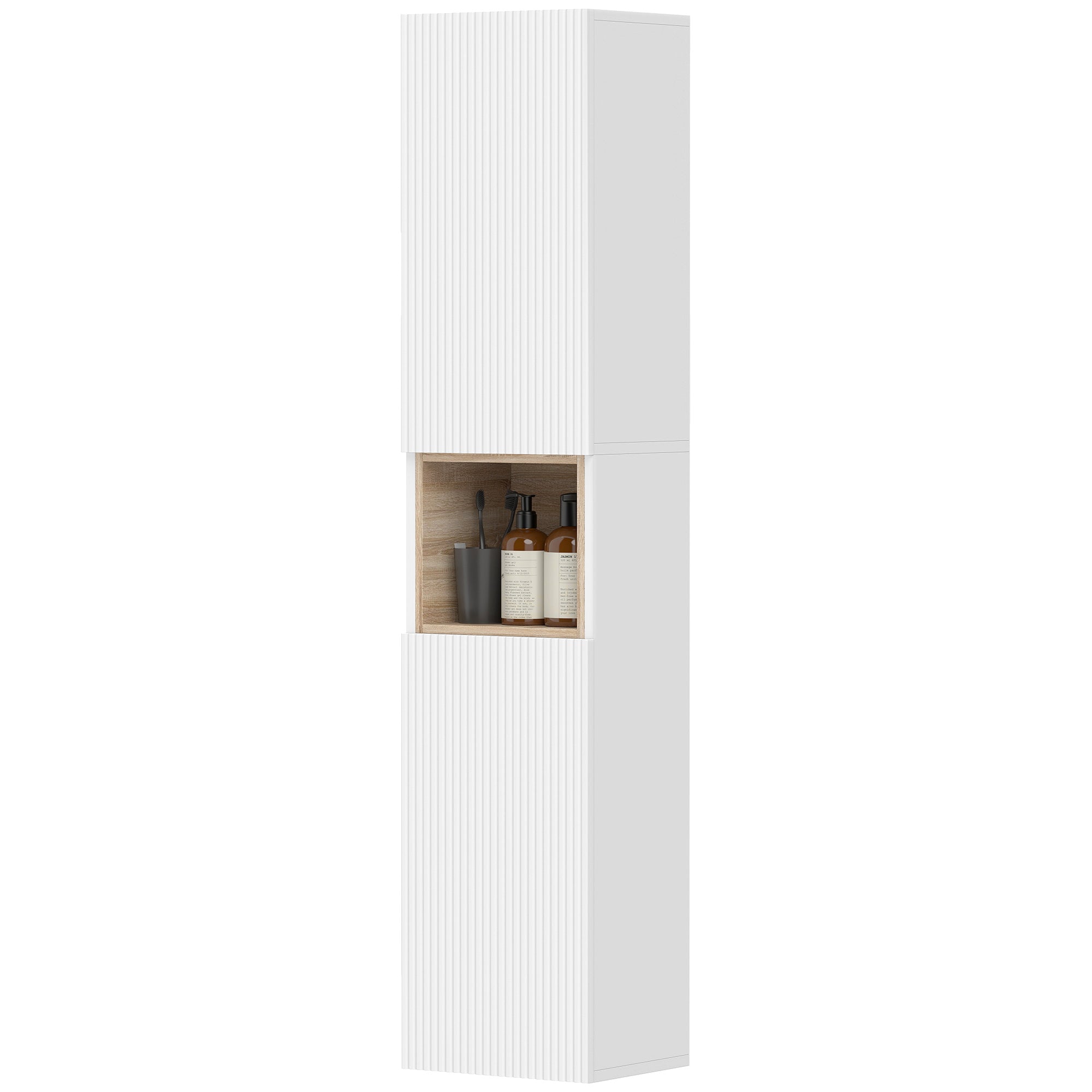 Narrow Tall Bathroom Cabinet — 2 Ribbed Soft-Close Doors, Open Shelf & Adjustable Shelves, 11.8 x 9.4 x 55.1 in, White