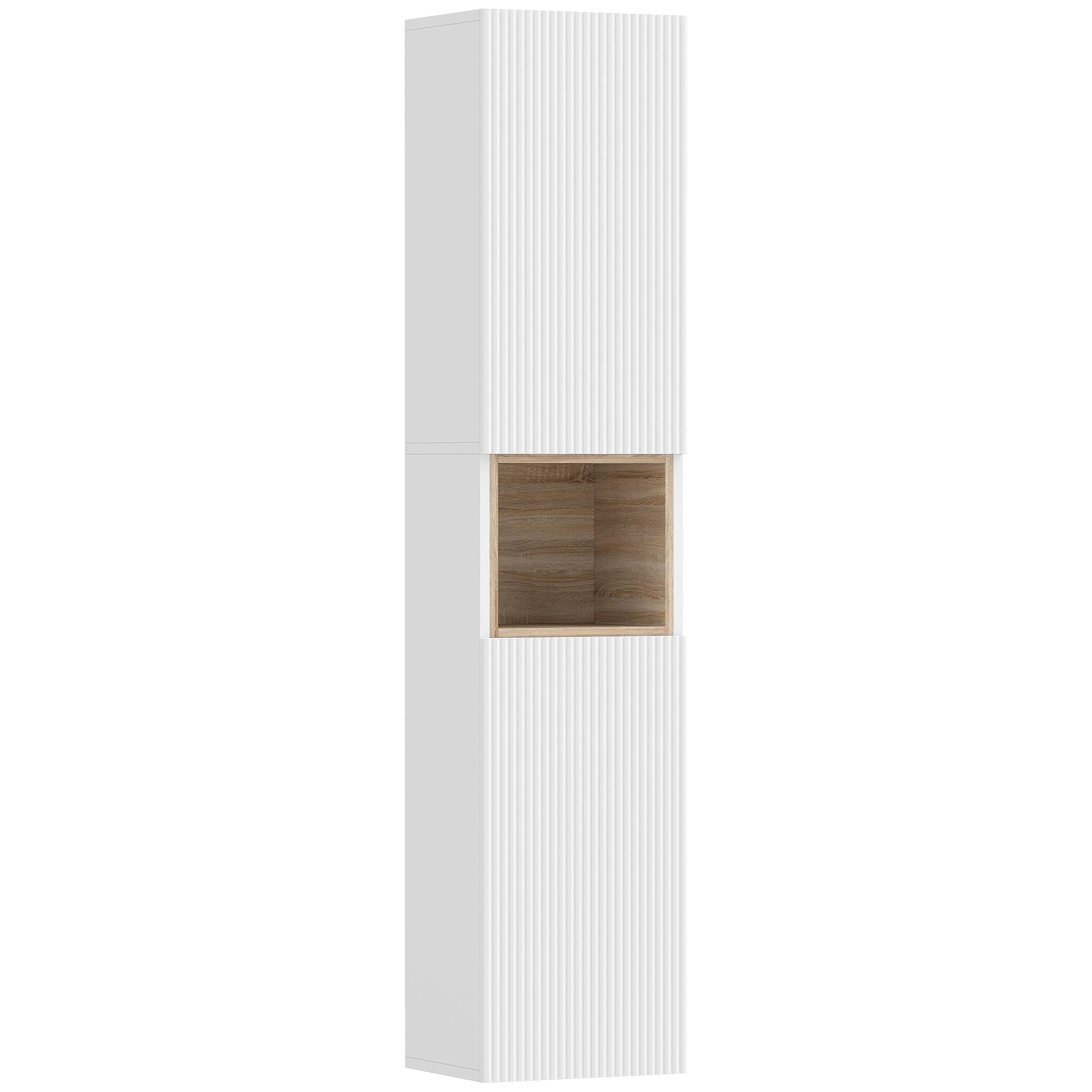 Narrow Tall Bathroom Cabinet — 2 Ribbed Soft-Close Doors, Open Shelf & Adjustable Shelves, 11.8 x 9.4 x 55.1 in, White
