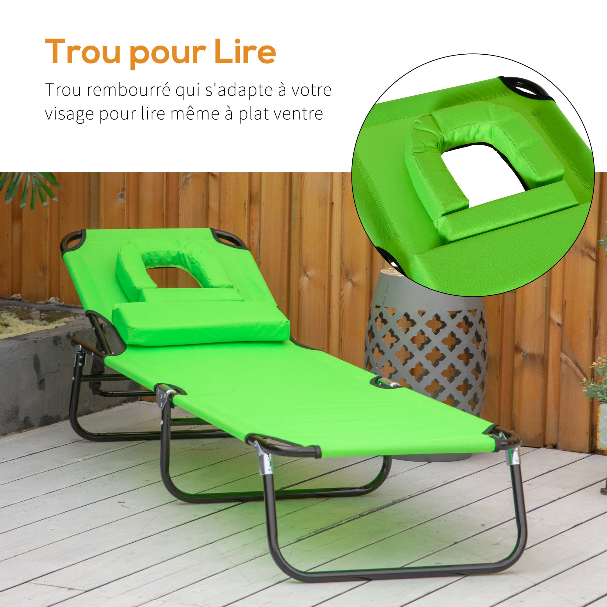 Folding Sun Lounger Adjustable 4 Positions Reading Chair with Cushion Green