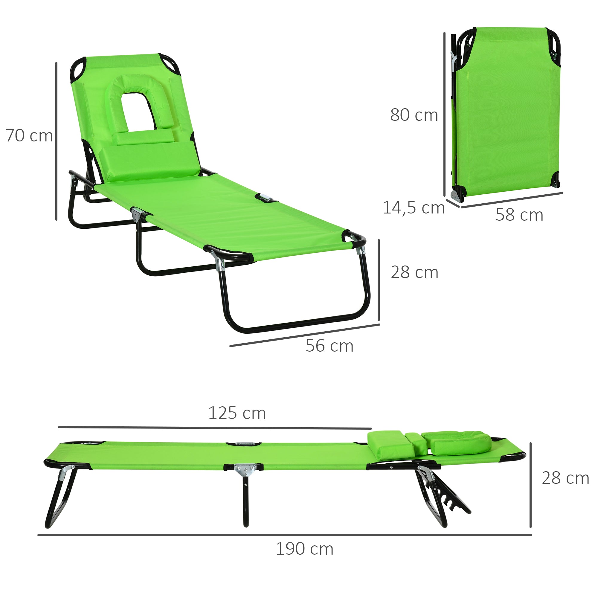 Folding Sun Lounger Adjustable 4 Positions Reading Chair with Cushion Green