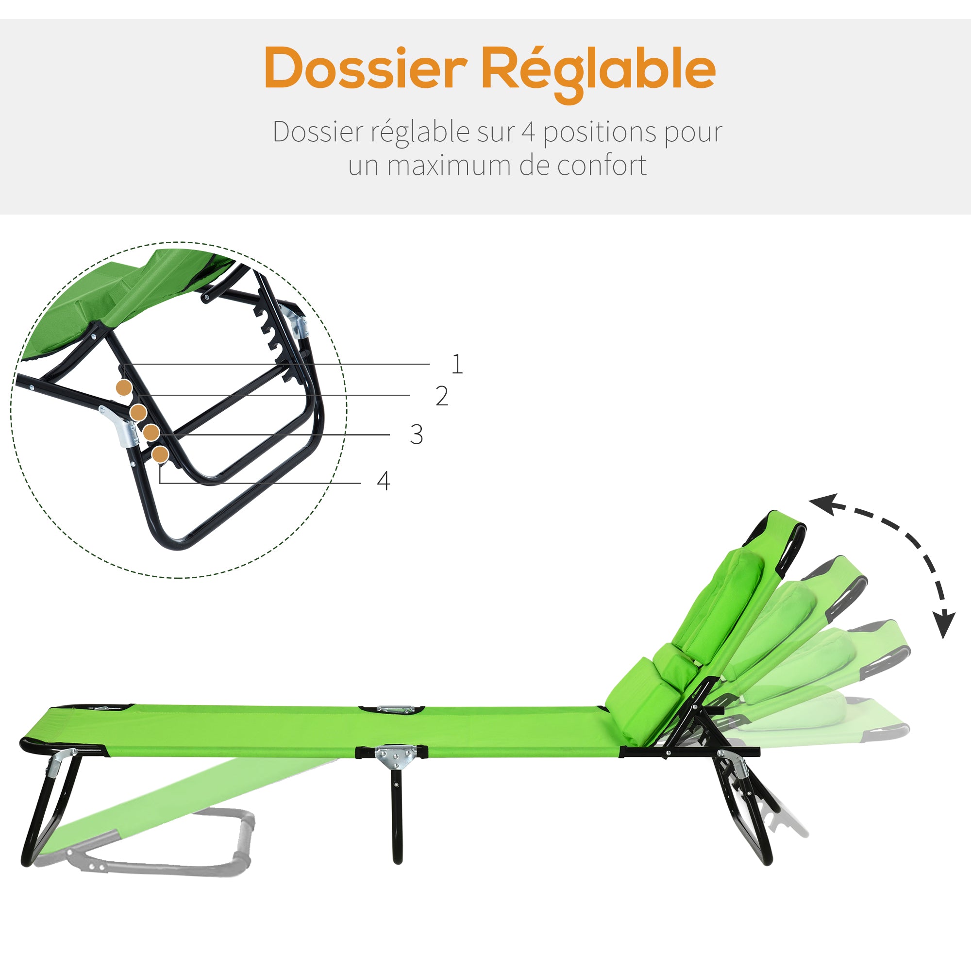 Folding Sun Lounger Adjustable 4 Positions Reading Chair with Cushion Green