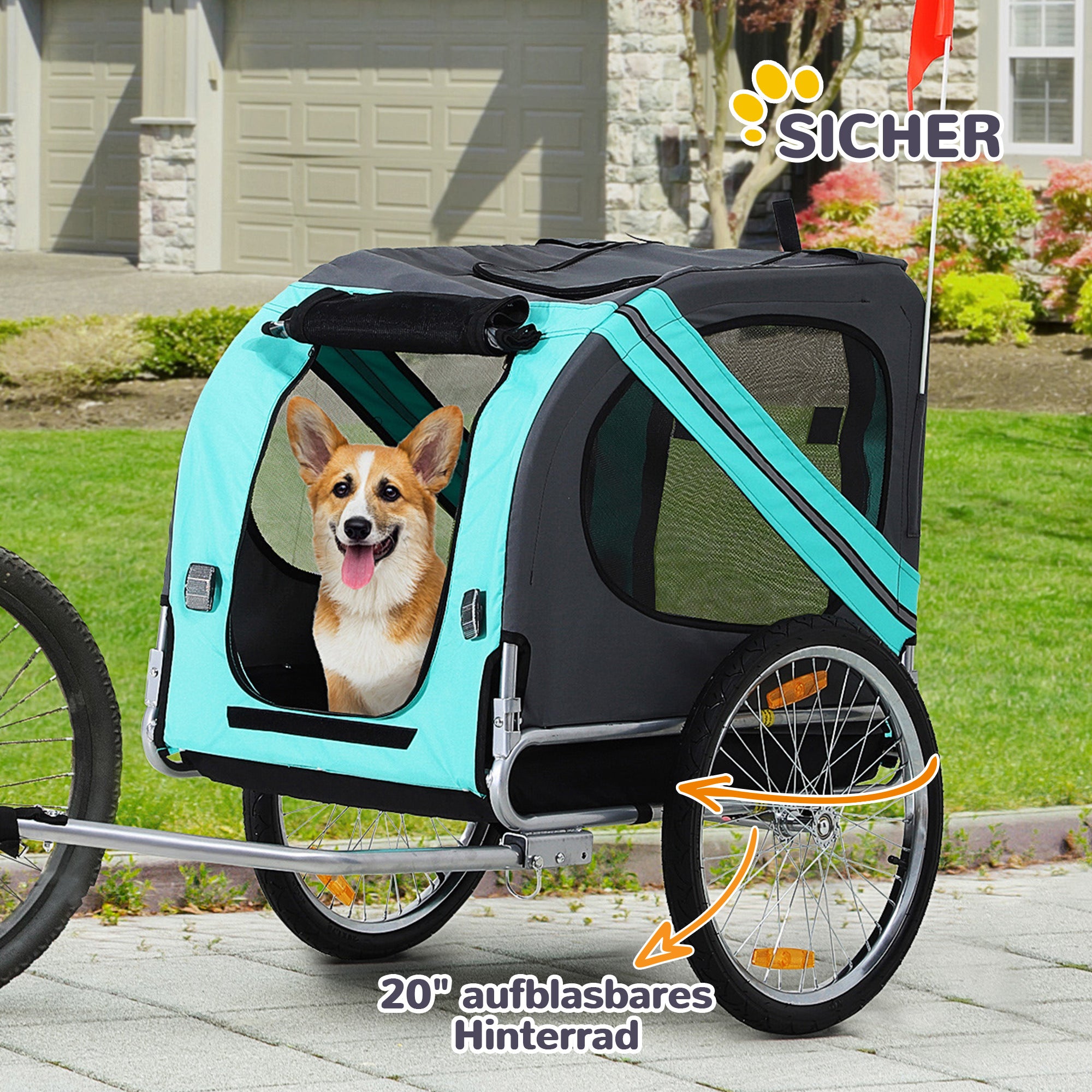 Dog Trailer Bike Trailer Dog Transporter Dog Bike Trailer for Small to Medium Dogs Oxford Fabric Rain Cover Breathable Green 130 x 73 x 90 cm
