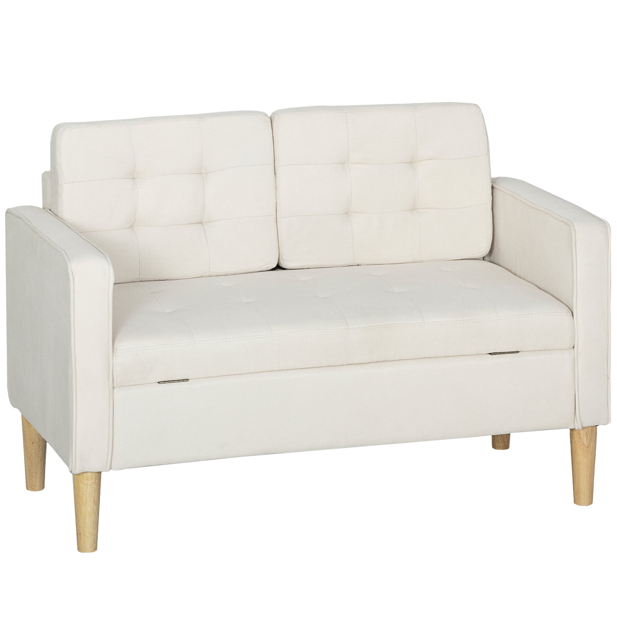 2-Seater Storage Sofa, Velvet-Effect Upholstery with Rubberwood Legs, Button-Tufted Back — 46.1 x 24.4 x 30.7 in, Cream