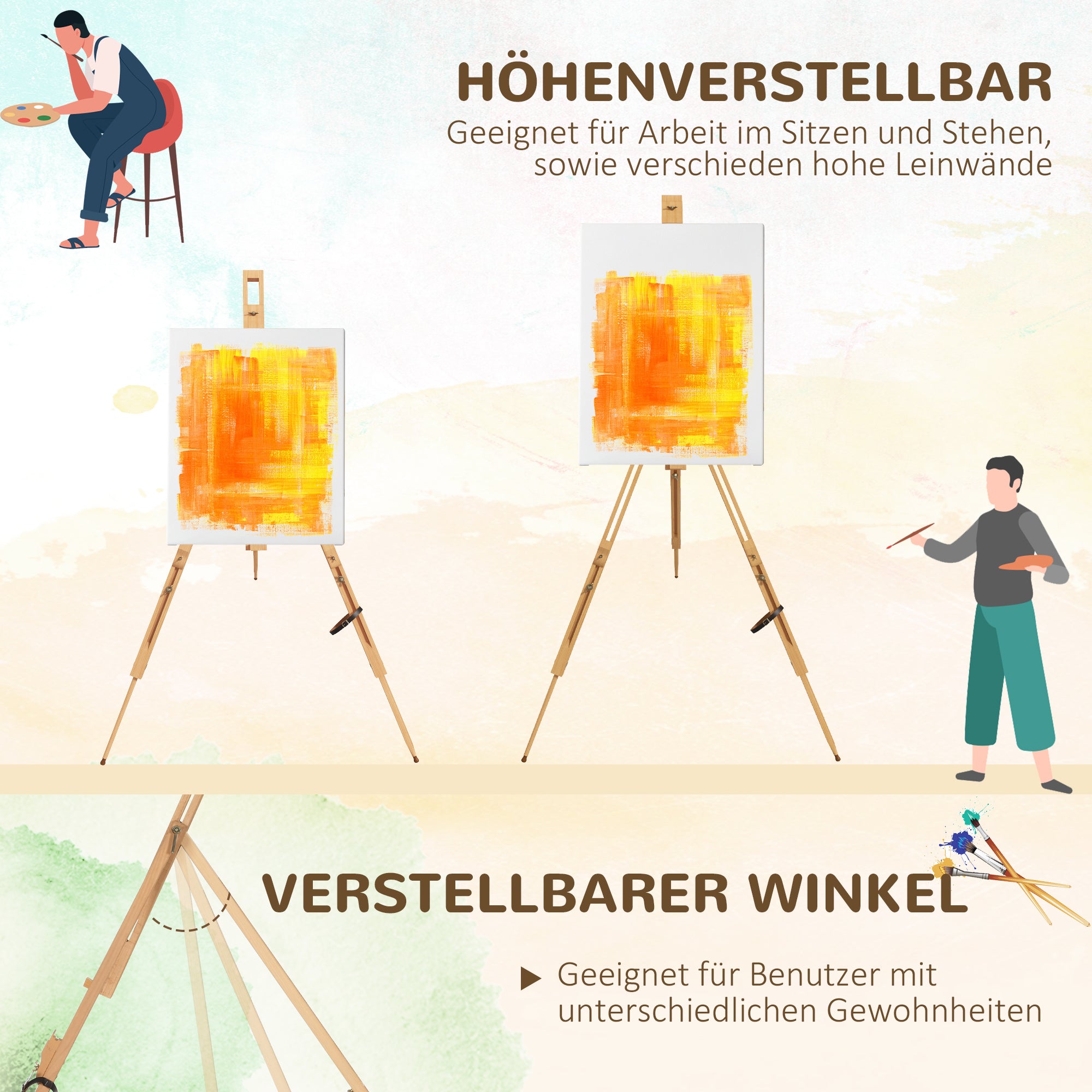 Folding Field Easel, Tripod Easel, Height Adjustable Canvas Easel, Portable Studio Easel made of Beech Wood for Canvases up to 107cm Height, Natural