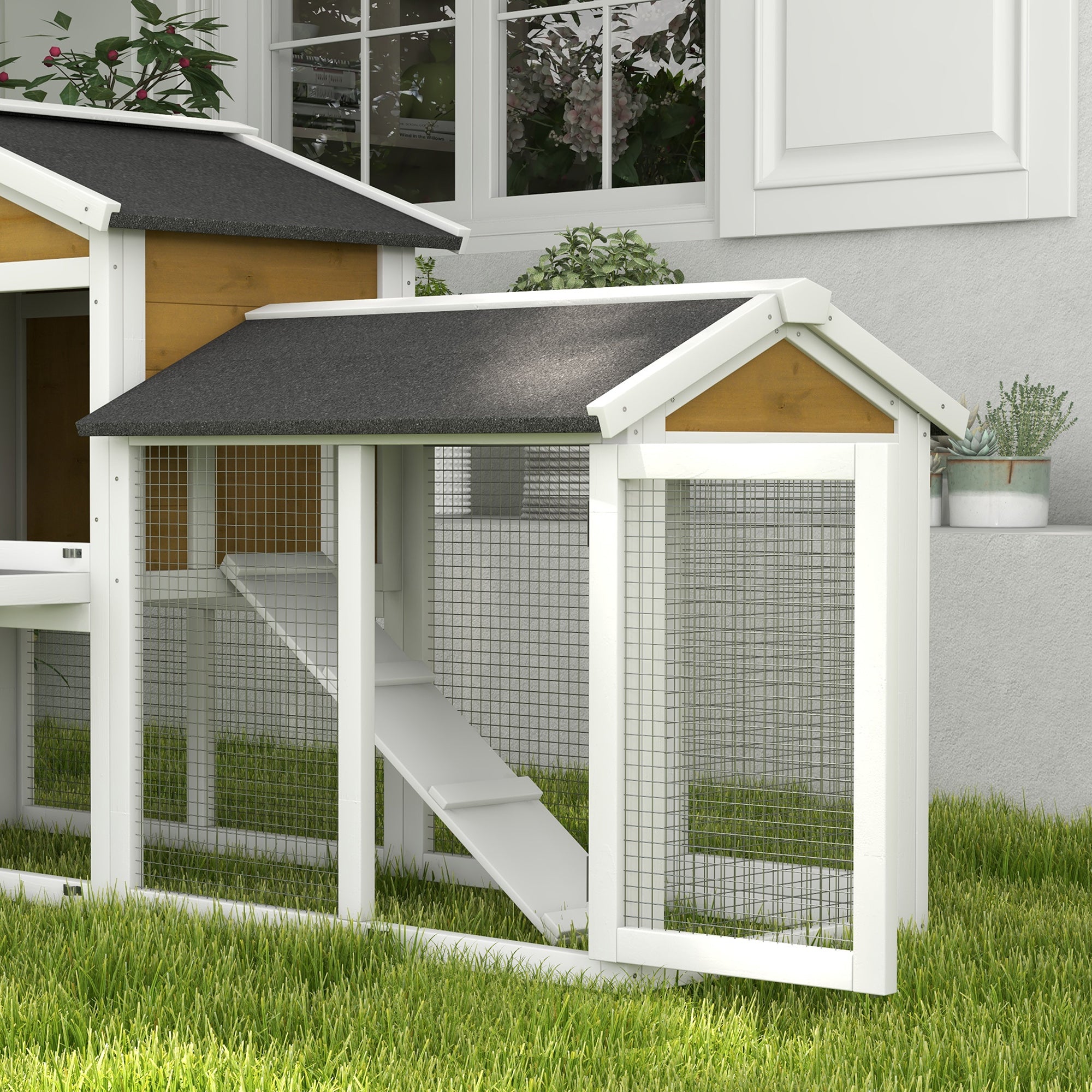 2-Story Weatherproof Wooden Rabbit Hutch 147 x 54 x 84 cm (57.9 x 21.3 x 33.1 in) – Waterproof Bitumen Roof, Run, Ramp & Doors, Yellow