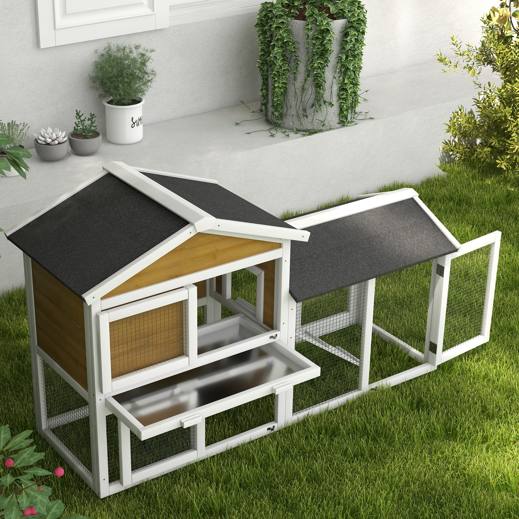 2-Story Weatherproof Wooden Rabbit Hutch 147 x 54 x 84 cm (57.9 x 21.3 x 33.1 in) – Waterproof Bitumen Roof, Run, Ramp & Doors, Yellow