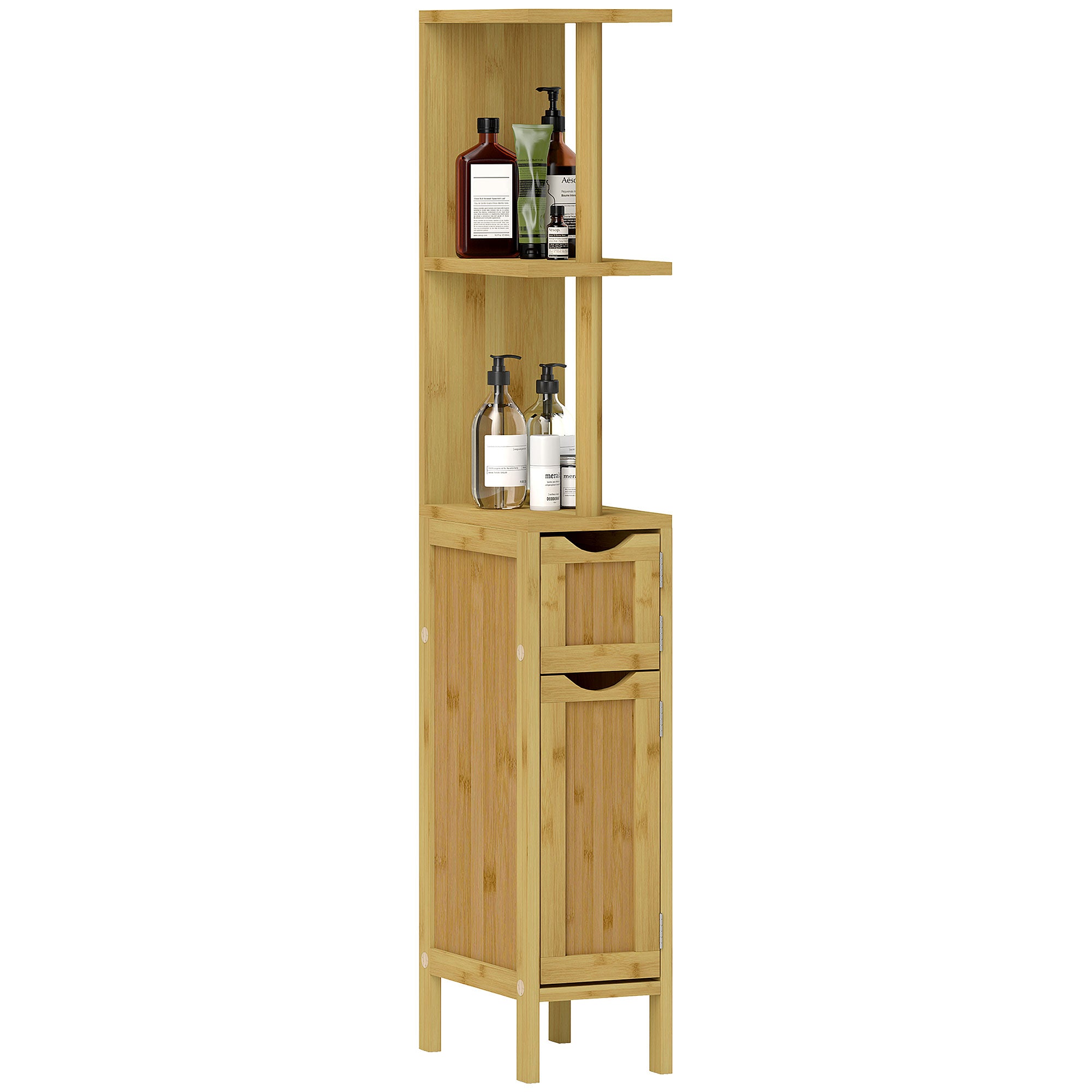 Bathroom Cabinet, Bathroom Storage Cabinet, with 2 Open Shelves, 2 Cabinets with Magnetic Doors, in Bamboo, Natural Wood