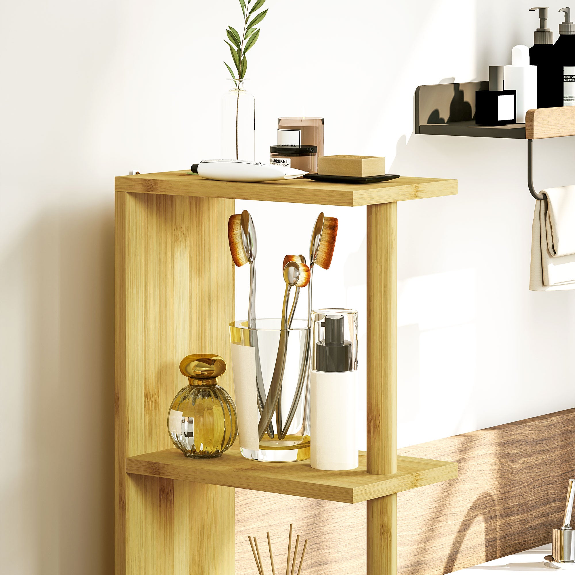 Bathroom Cabinet, Bathroom Storage Cabinet, with 2 Open Shelves, 2 Cabinets with Magnetic Doors, in Bamboo, Natural Wood