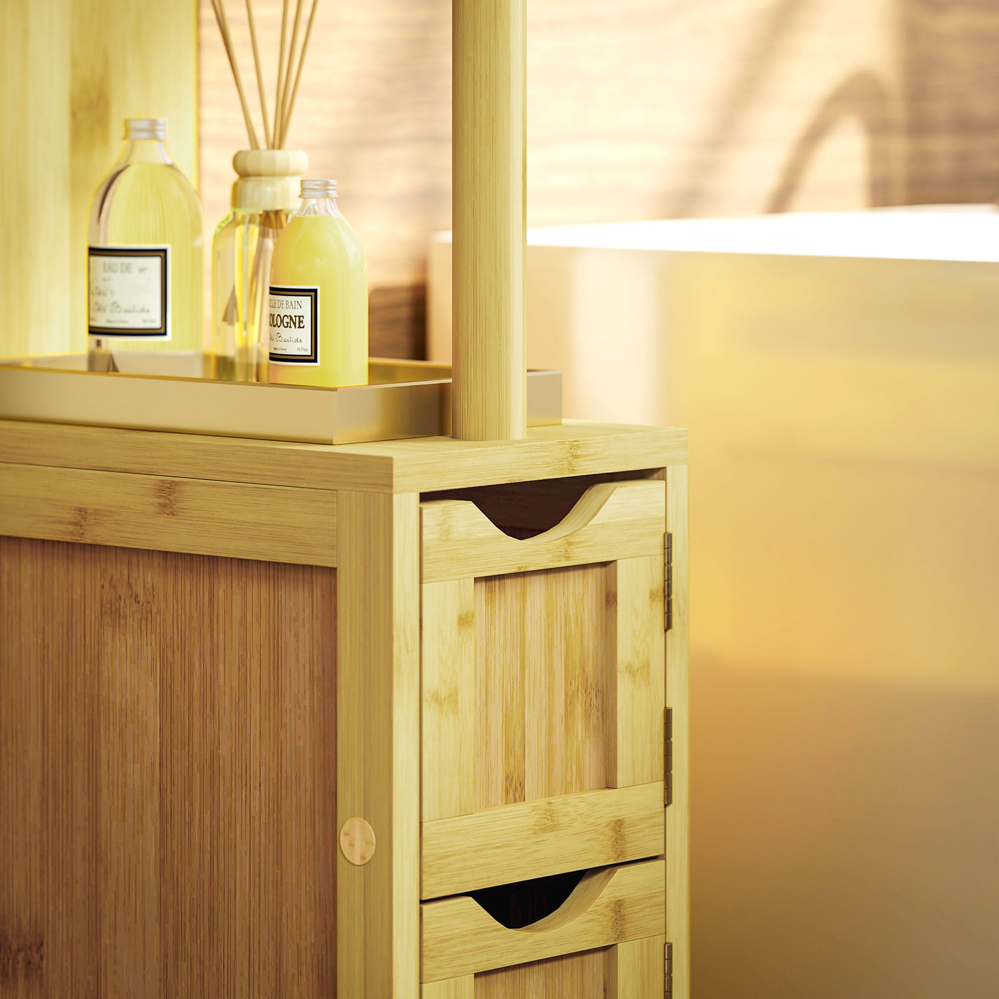Bathroom Cabinet, Bathroom Storage Cabinet, with 2 Open Shelves, 2 Cabinets with Magnetic Doors, in Bamboo, Natural Wood