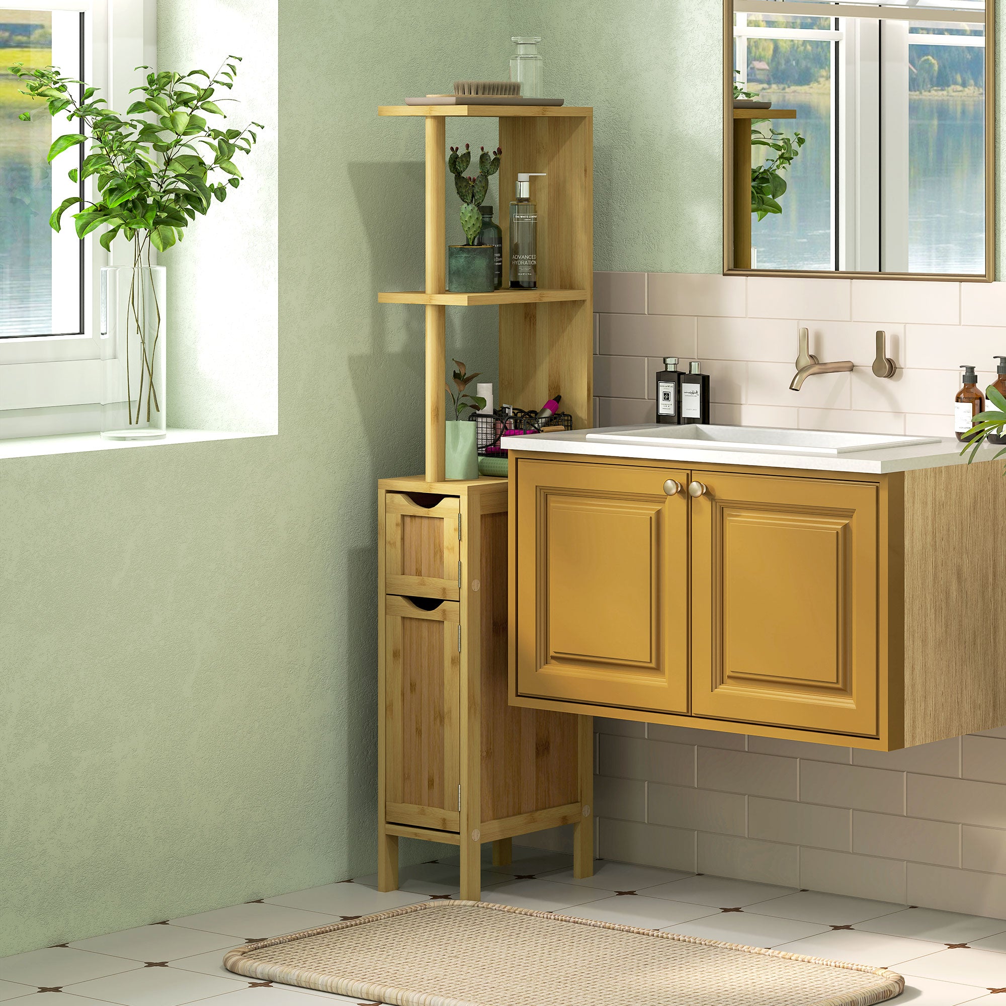 Bathroom Cabinet, Bathroom Storage Cabinet, with 2 Open Shelves, 2 Cabinets with Magnetic Doors, in Bamboo, Natural Wood