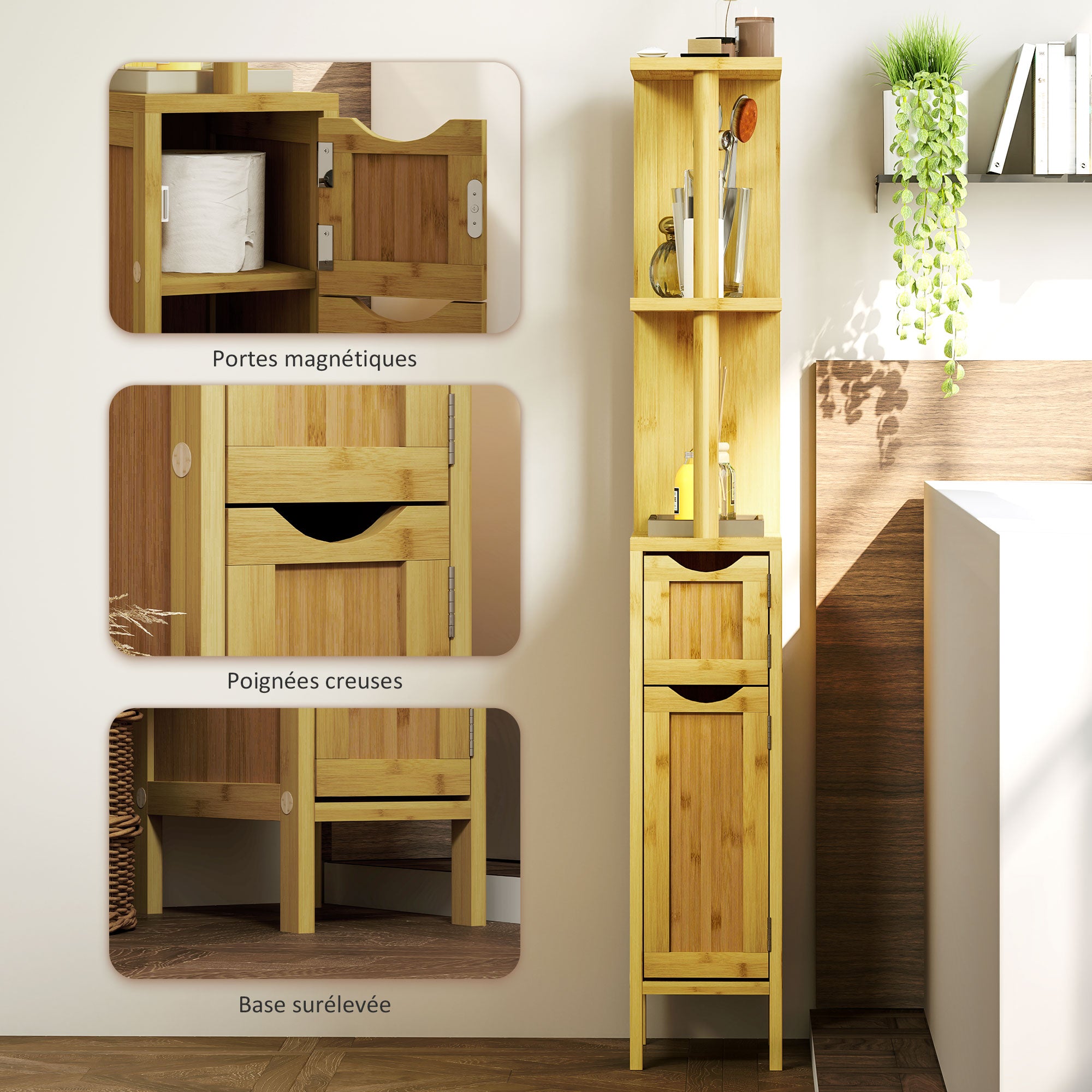 Bathroom Cabinet, Bathroom Storage Cabinet, with 2 Open Shelves, 2 Cabinets with Magnetic Doors, in Bamboo, Natural Wood