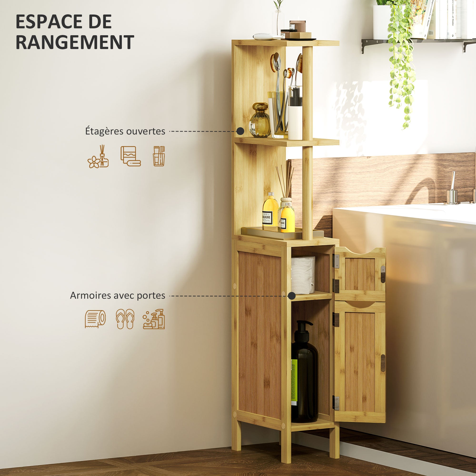 Bathroom Cabinet, Bathroom Storage Cabinet, with 2 Open Shelves, 2 Cabinets with Magnetic Doors, in Bamboo, Natural Wood