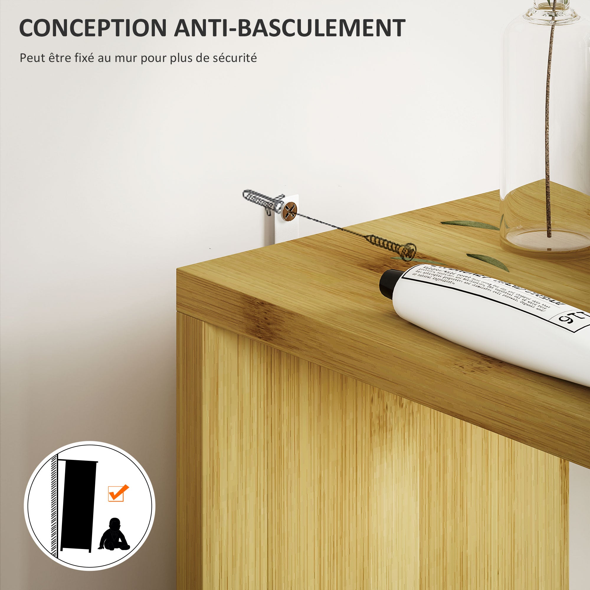 Bathroom Cabinet, Bathroom Storage Cabinet, with 2 Open Shelves, 2 Cabinets with Magnetic Doors, in Bamboo, Natural Wood