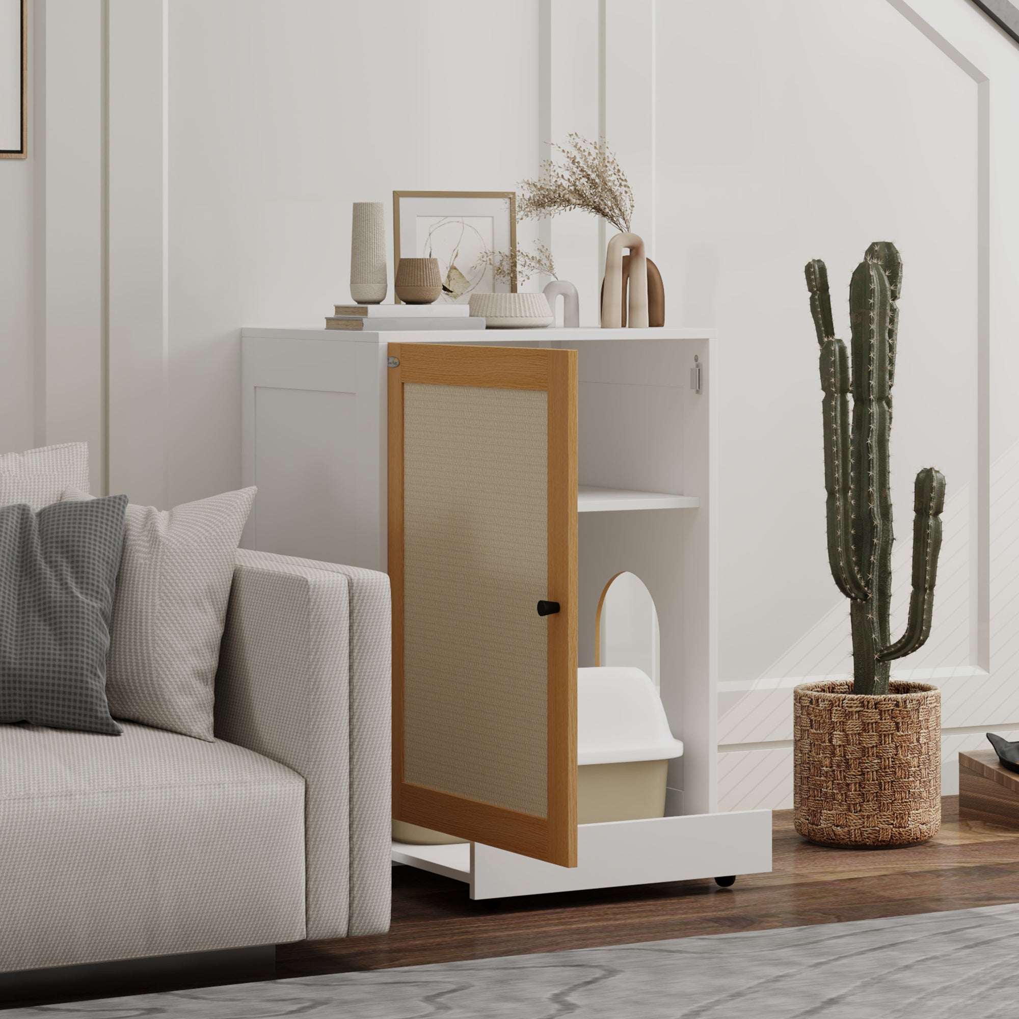 Cat Litter Box Cabinet with Removable Tray Compartments Wheels and Scratch Mat Indoor Cat Litter Box 57x50x80.5 cm White and Oak