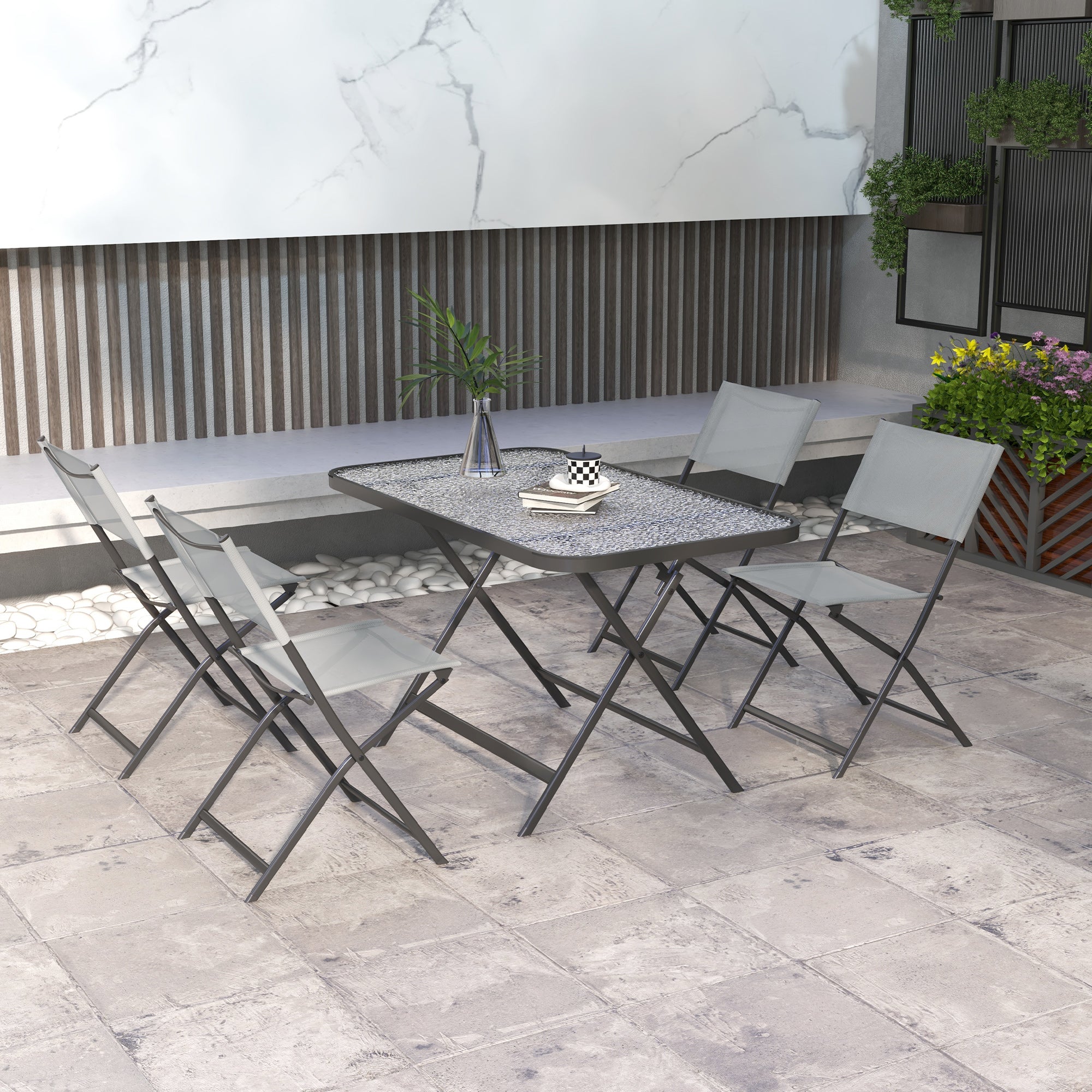 5-Piece Garden Dining Set Outdoor Dining Set Includes 1 Tempered Glass Table and 4 Folding Chairs Modern Style for Terrace Gray
