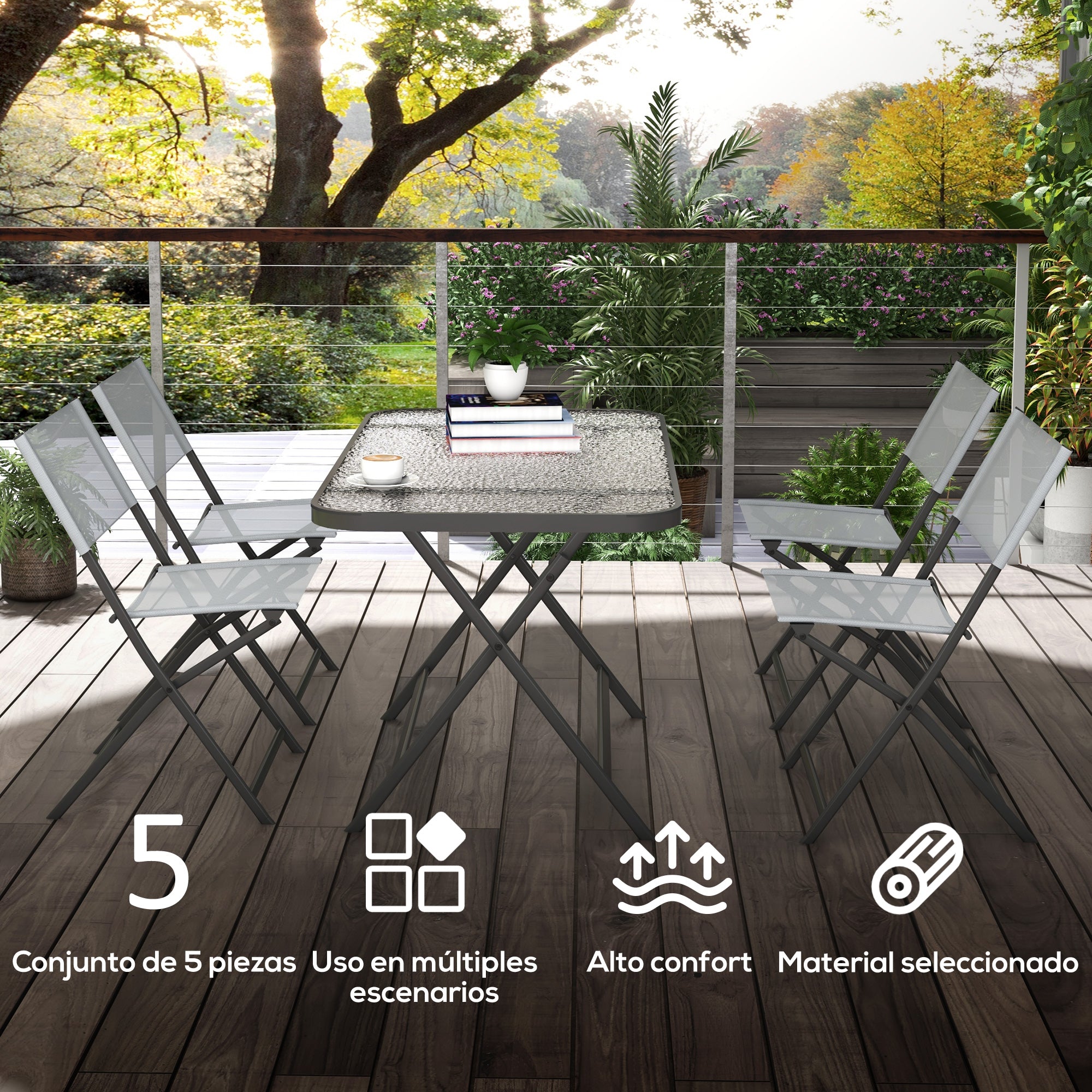 5-Piece Garden Dining Set Outdoor Dining Set Includes 1 Tempered Glass Table and 4 Folding Chairs Modern Style for Terrace Gray
