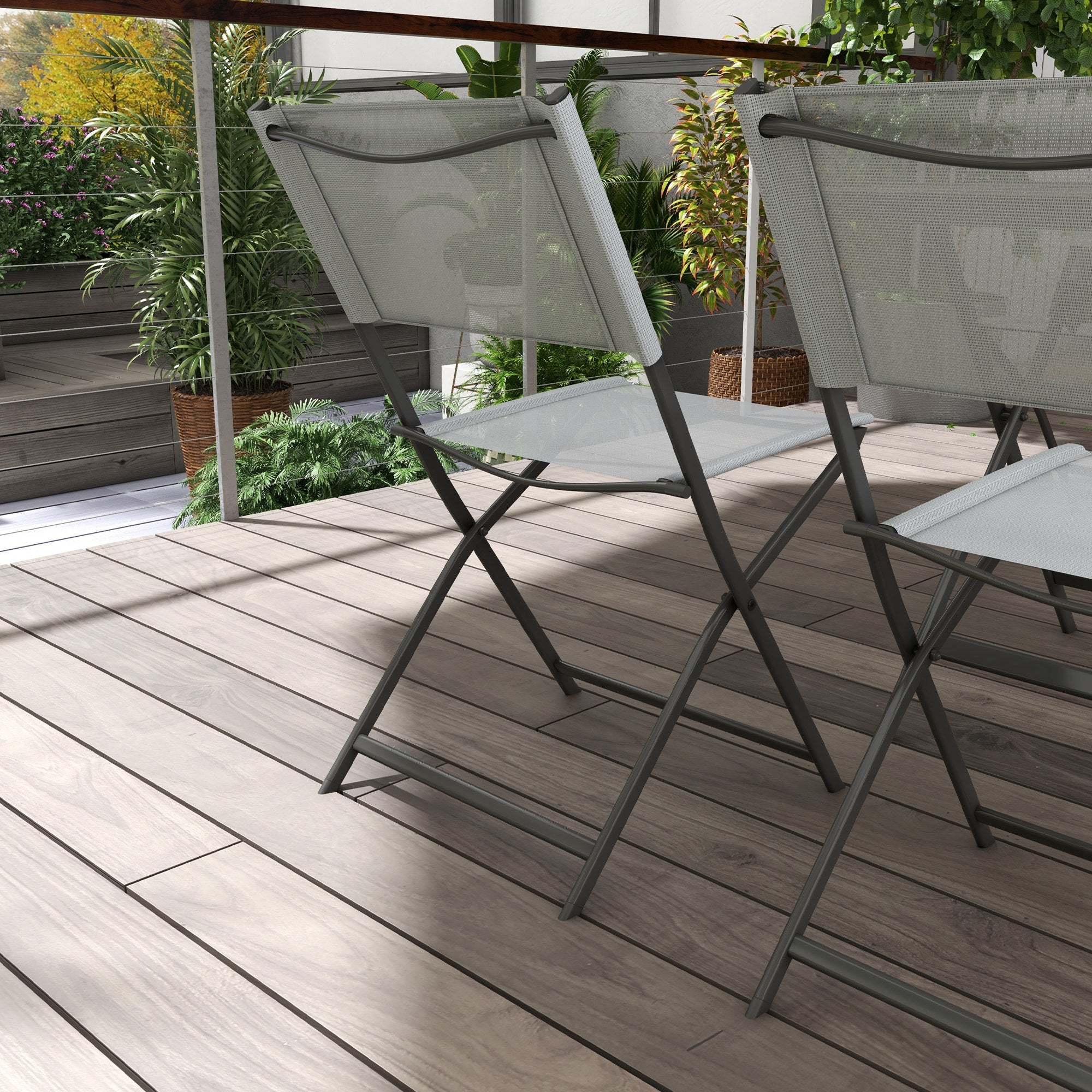 5-Piece Garden Dining Set Outdoor Dining Set Includes 1 Tempered Glass Table and 4 Folding Chairs Modern Style for Terrace Gray