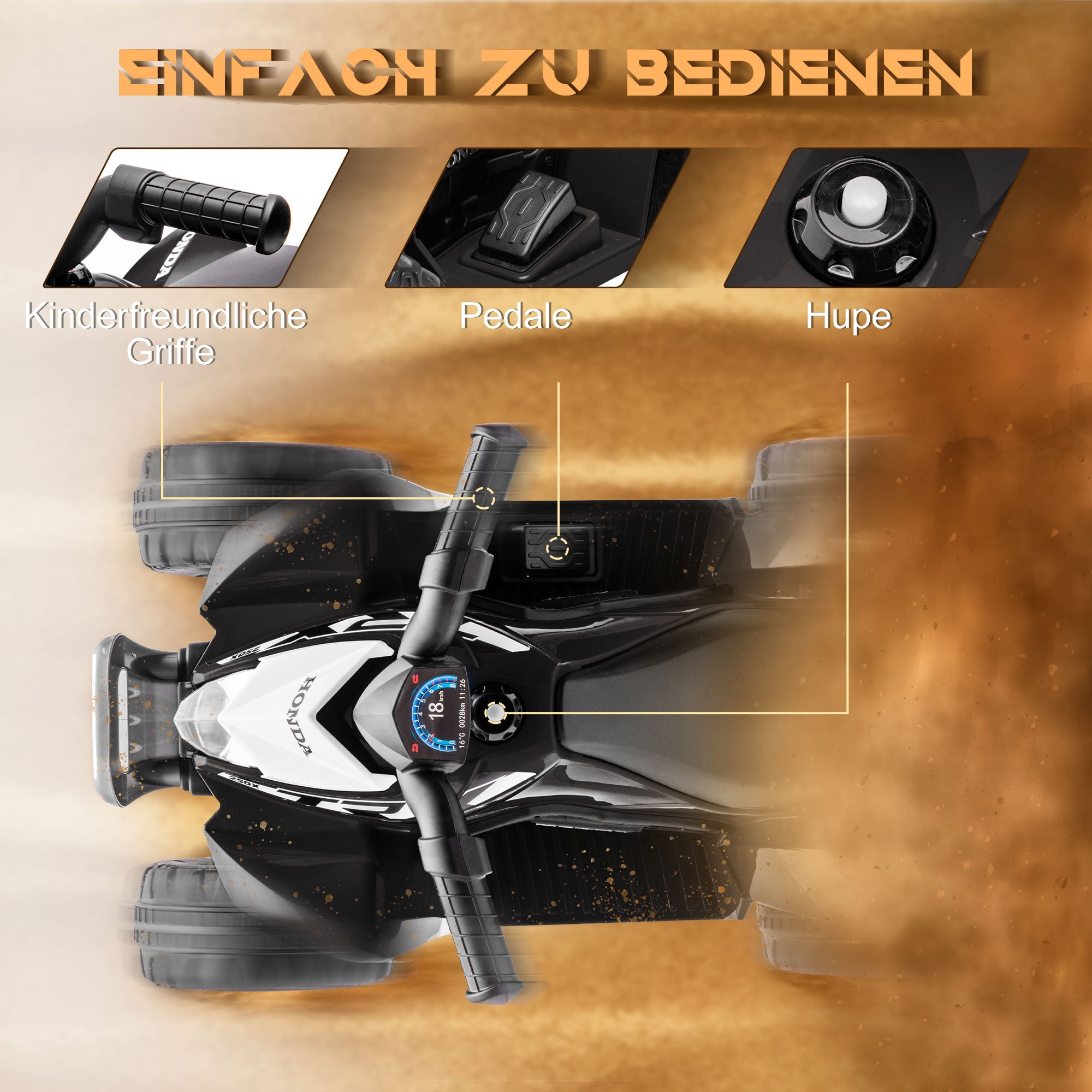 Electric Quad Miniquad Kids Electric ATV Kids Quad with LED and Horn Kids Motorcycle Child Vehicle Electric Car for Kids from 18 Months Metal Black 65.5 x 38.5 x 43.5 cm