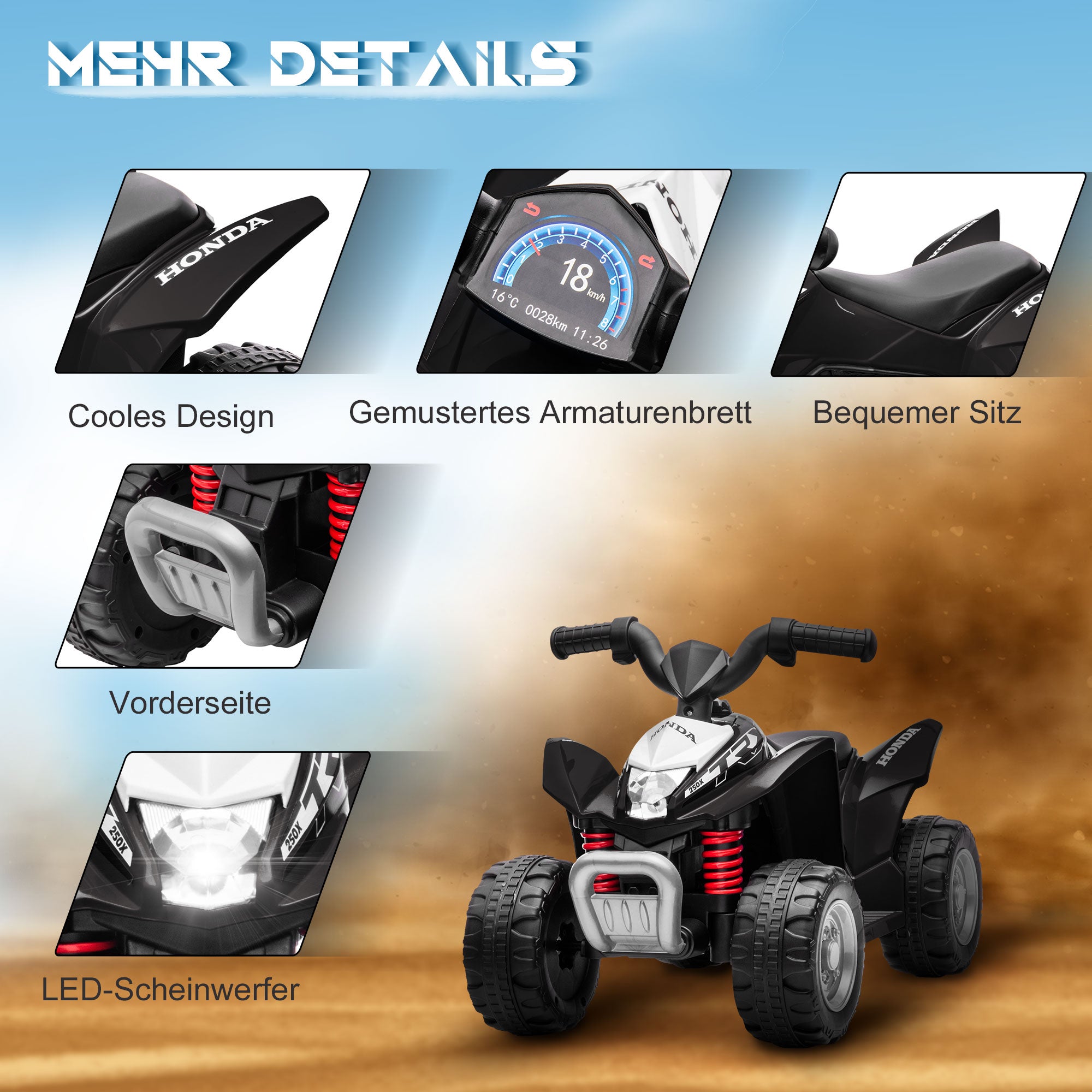 Electric Quad Miniquad Kids Electric ATV Kids Quad with LED and Horn Kids Motorcycle Child Vehicle Electric Car for Kids from 18 Months Metal Black 65.5 x 38.5 x 43.5 cm