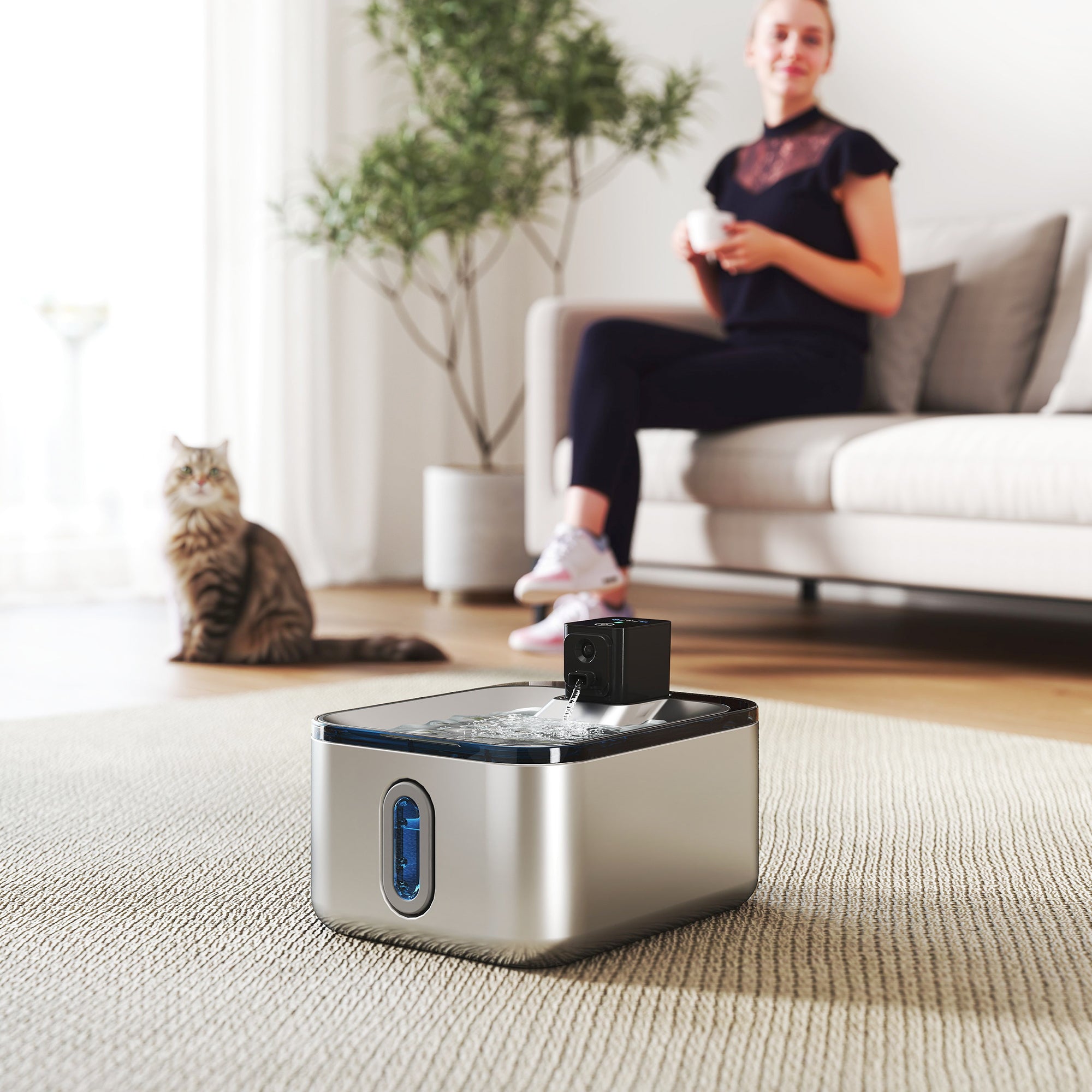 5L Stainless Steel Automatic Wireless Cat Water Fountain with LED Indicator, Ultra-Quiet Pump, 4000 mAh Battery, USB Charger Cat Water Dispenser, Multi Pets, Silver