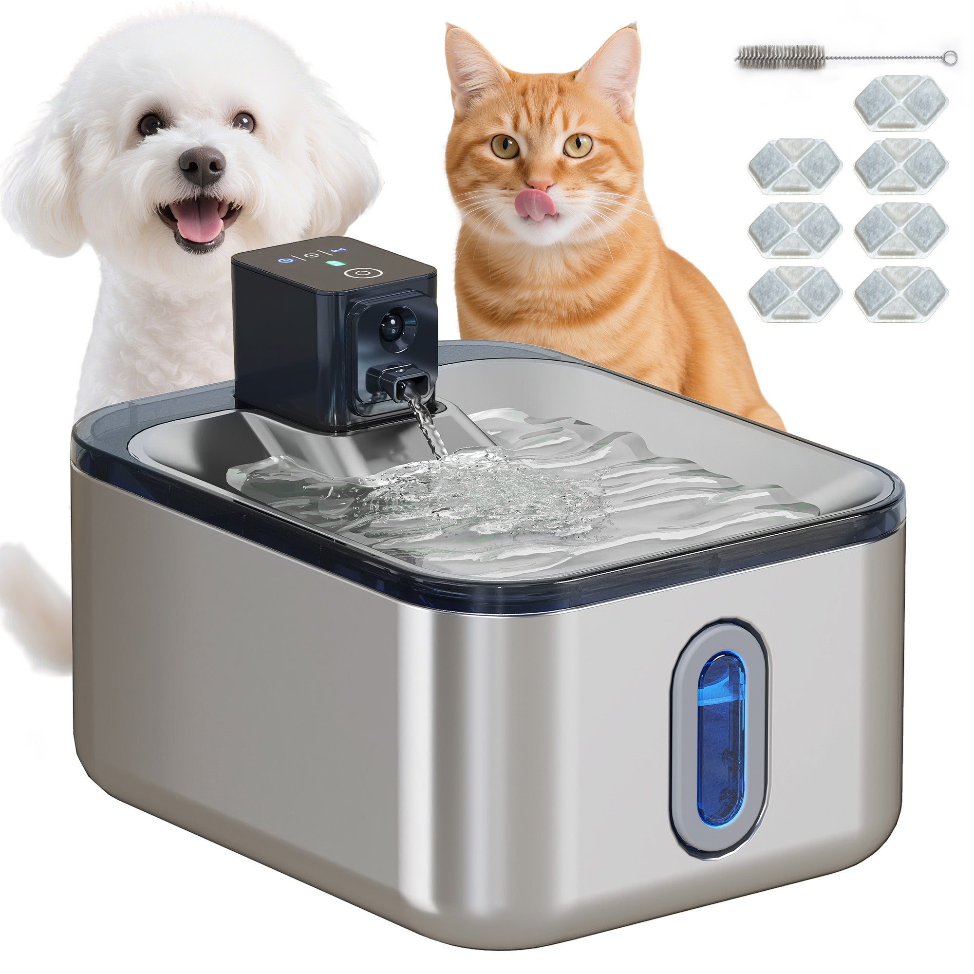 5L Stainless Steel Automatic Wireless Cat Water Fountain with LED Indicator, Ultra-Quiet Pump, 4000 mAh Battery, USB Charger Cat Water Dispenser, Multi Pets, Silver